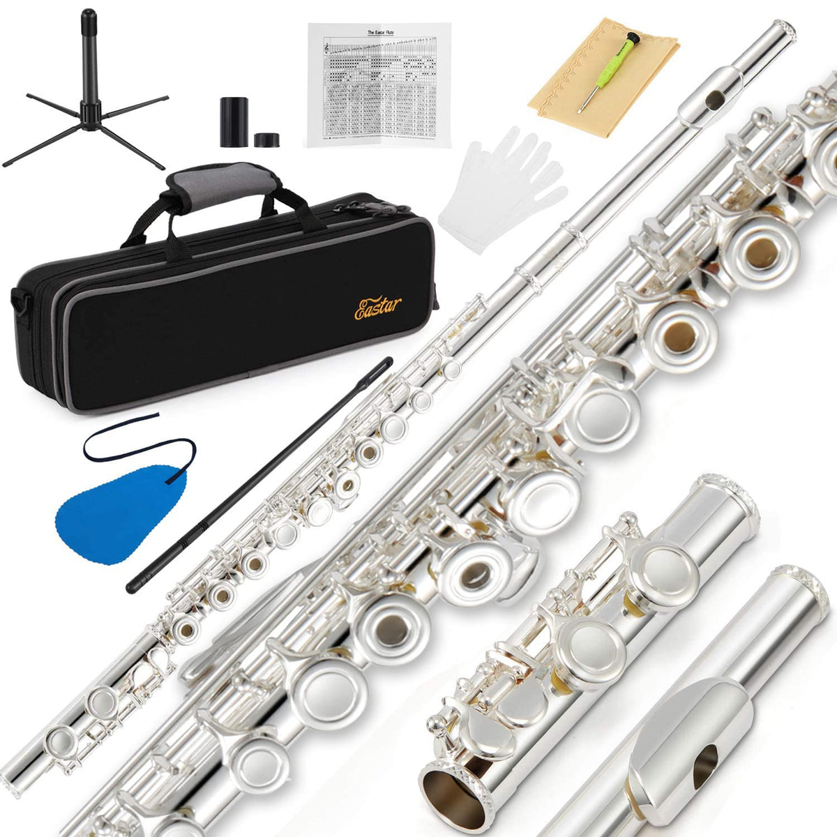 Eastar C Flutes Open Hole 16 Keys Flute For Beginner Kids Student Flute Instrument With Fingering Chart, Cleaning Kit, Stand, Ca