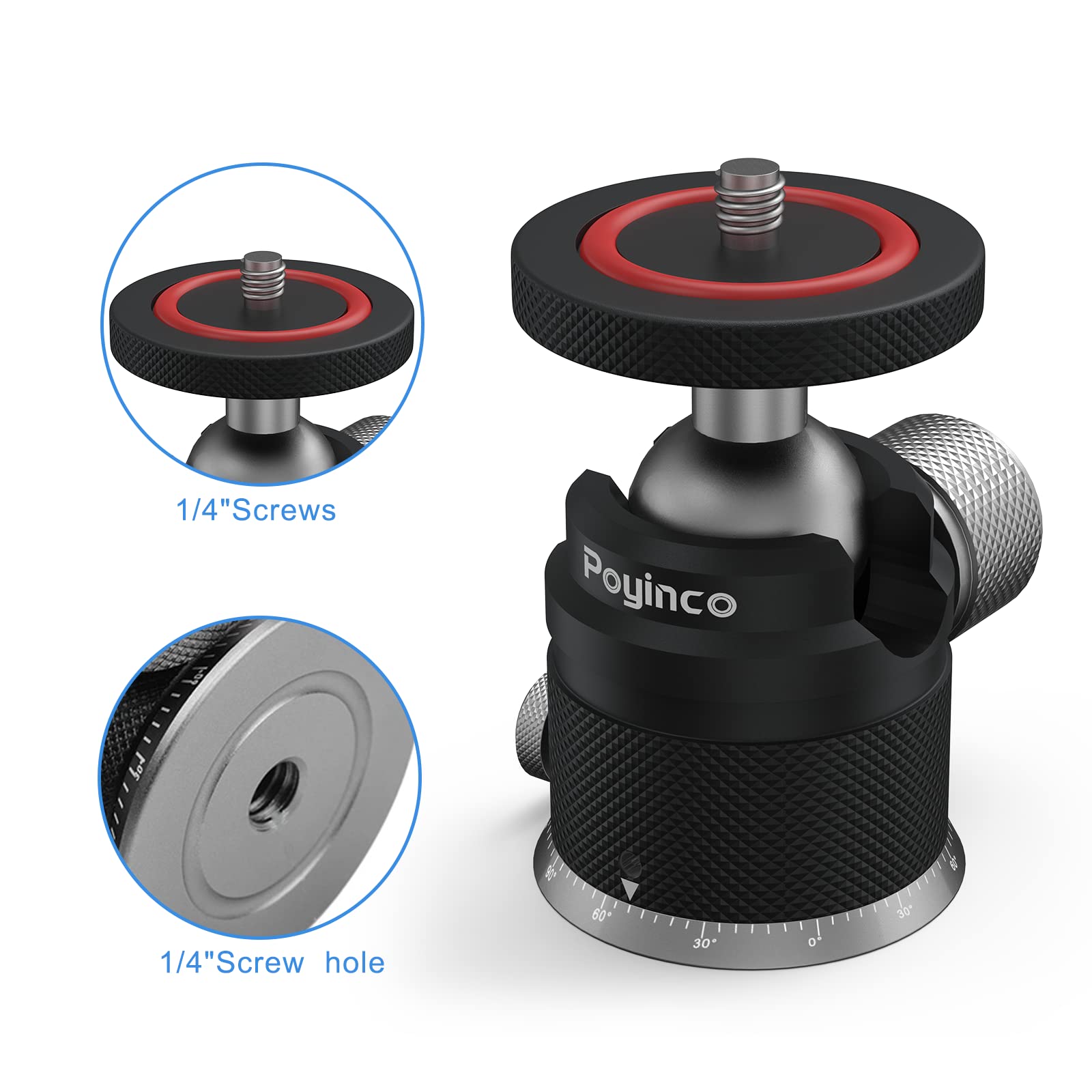 Poyinco Camera Tripod Mini Ball Head With 1/4' Hotshoe Mount Adapter 360 Degree Rotatable Aluminum Tripod Head For Monopod Dslr Cameras Phone Gopro Max Load 6.6Lbs/3Kg