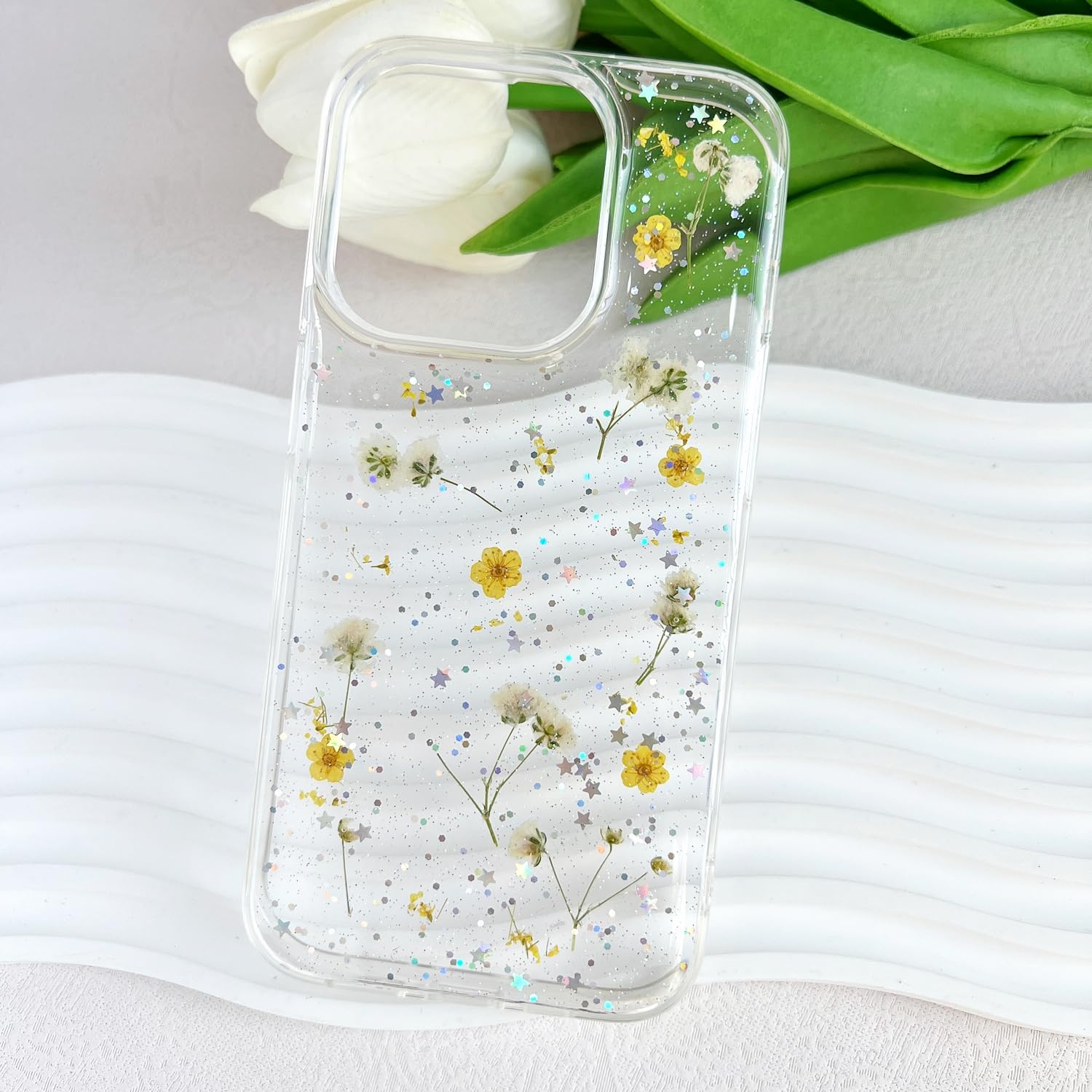 Lseeka For Iphone 15 Pro Clear Case With Pressed Real Flowers Design,Glitter Cute Yellow Floral Pattern Slim Soft Tpu Protective