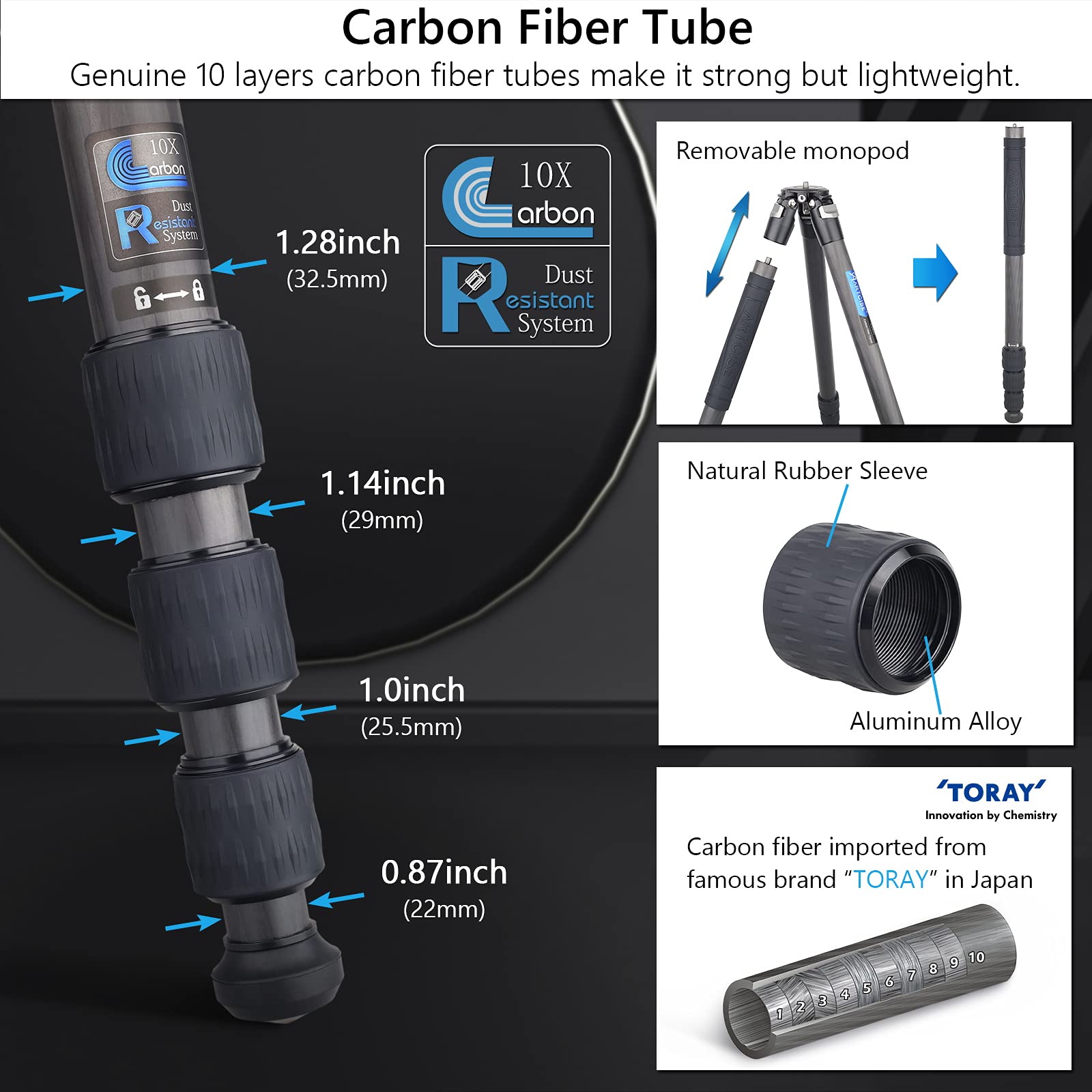 Carbon Fiber Camera Tripod Travel Tripod Artcise Heavy Duty Camera Tripod Professional Travel Tripod Without Ballhead Tripod Monopod For Dslr Camera, Video Camcorder, Max Load 44Lb/20Kg