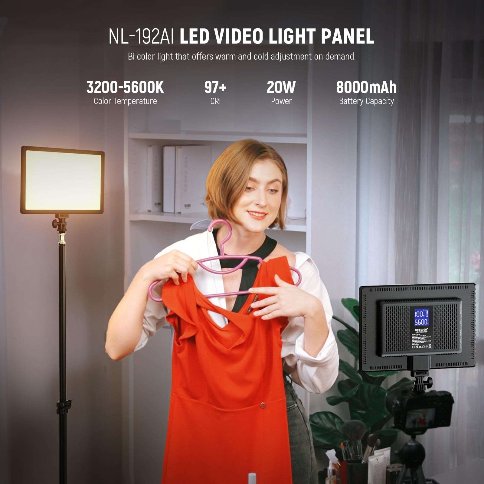 Neewer 192 Led Video Light Panel, 20W Ultra Thin Bi Color Dimmable Dslr Camera Soft Light With 8000Mah Built In Lithium Battery,