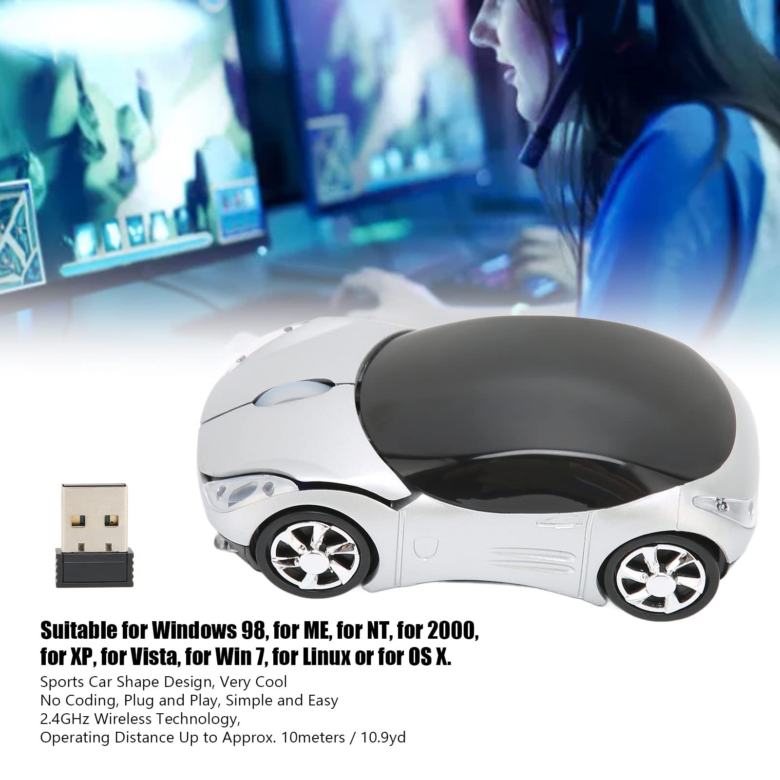 2.4Hz Car Mouse, Wi Fi Mouse With Usb Receiver, 3D Sports Car Mouse Optical Mouse For Laptop Pc Tablet Gaming Office Win 7 Linux