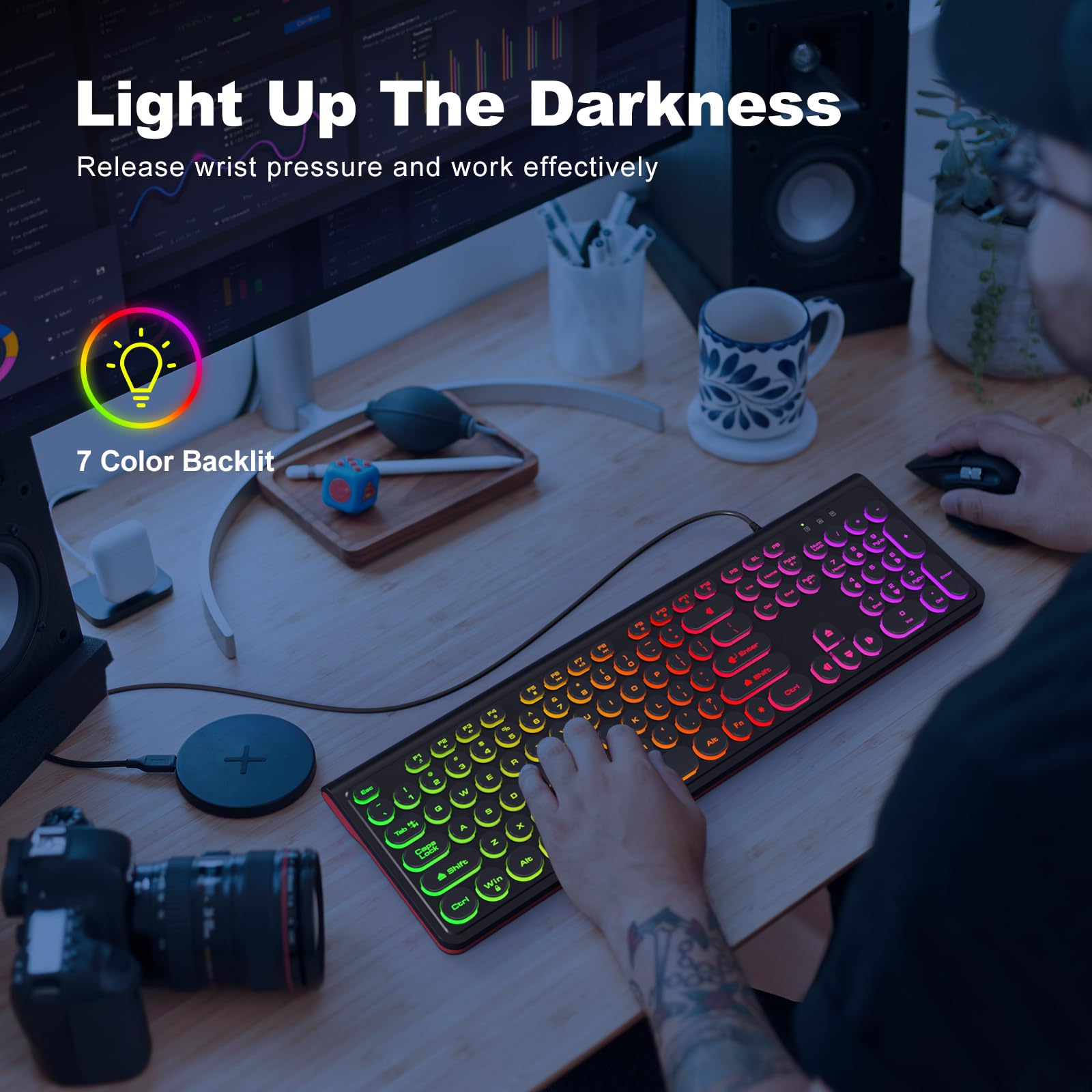 Atelus Usb Wired Keyboard With Backlit 7 Colors, Full Size Keyboard With Retro Keycaps, Numeric Keypad And Media Hotkey For Comp