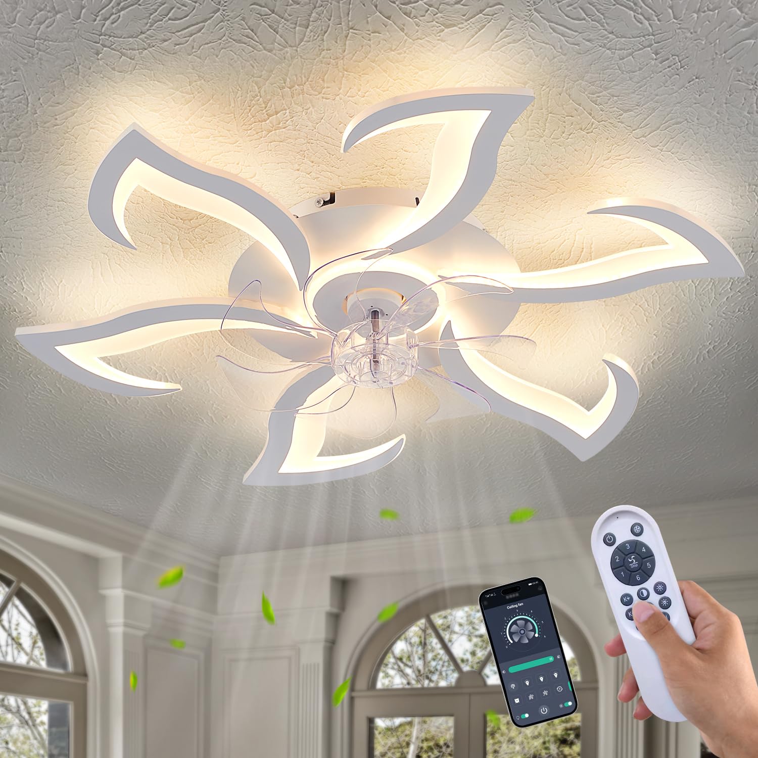 Yfrest Modern Ceiling Fan With Light And Remote, Low Profile Ceiling Fans With Lights, 32 Inch White Flush Mount Ceiling Fan Wit