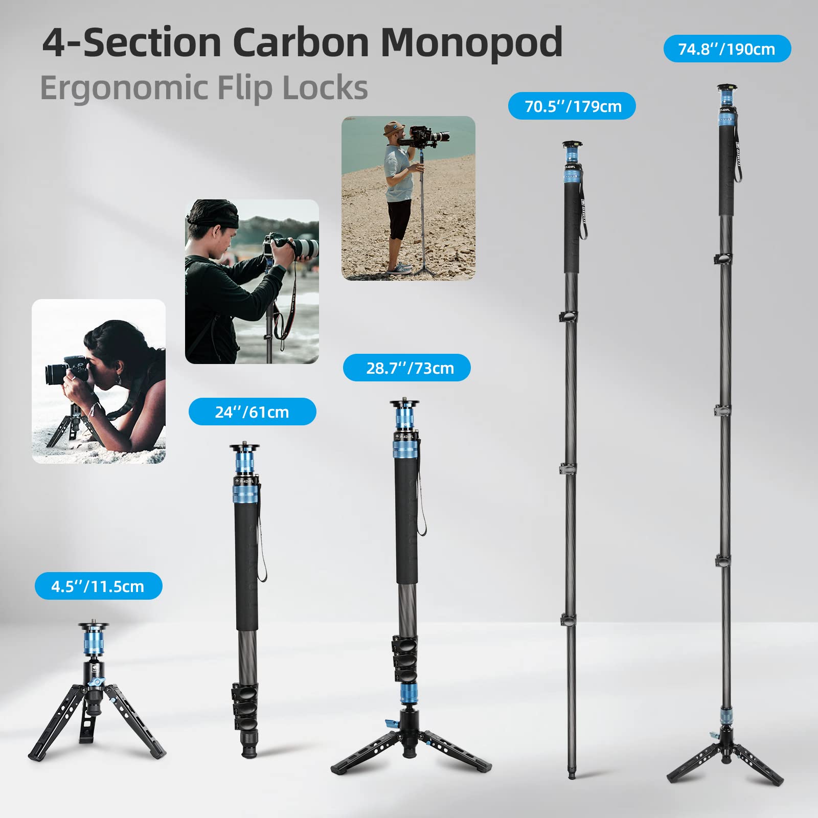 Sirui P-424Fl Monopod For Cameras, 75 Carbon Fiber Monopod With Feet, Portable & Lightweight, Max Load 26Lbs/12Kg, 4 Sections, 3