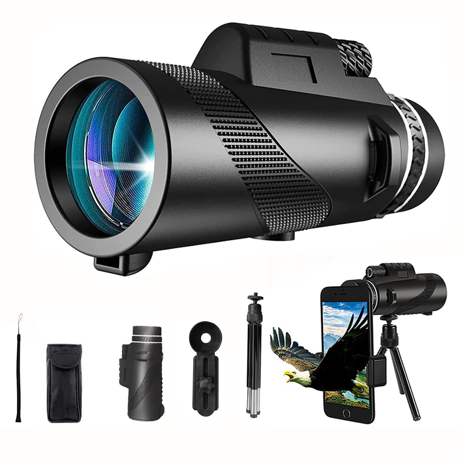 80x100 Monocular Telescope High Powered with Smartphone Adapter for Smartphone Monoculars for Adults HD for Stargazing Hunting W