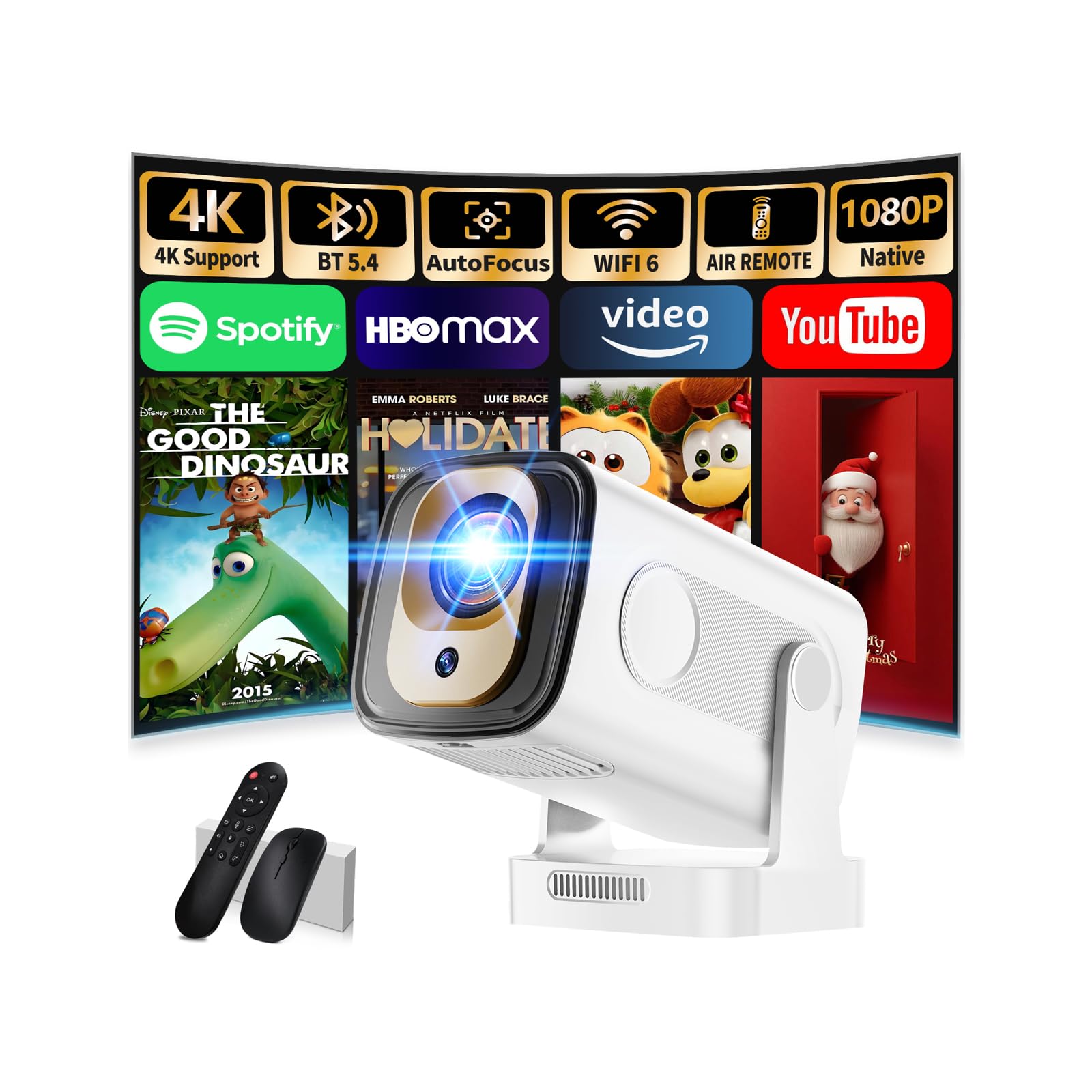 Projector [Auto Focus & Native 1080P & Built-in Apps] Mini Portable Projector 1080P, 4K Full HD with WiFi 6 & Bluetooth 5.4, Aut