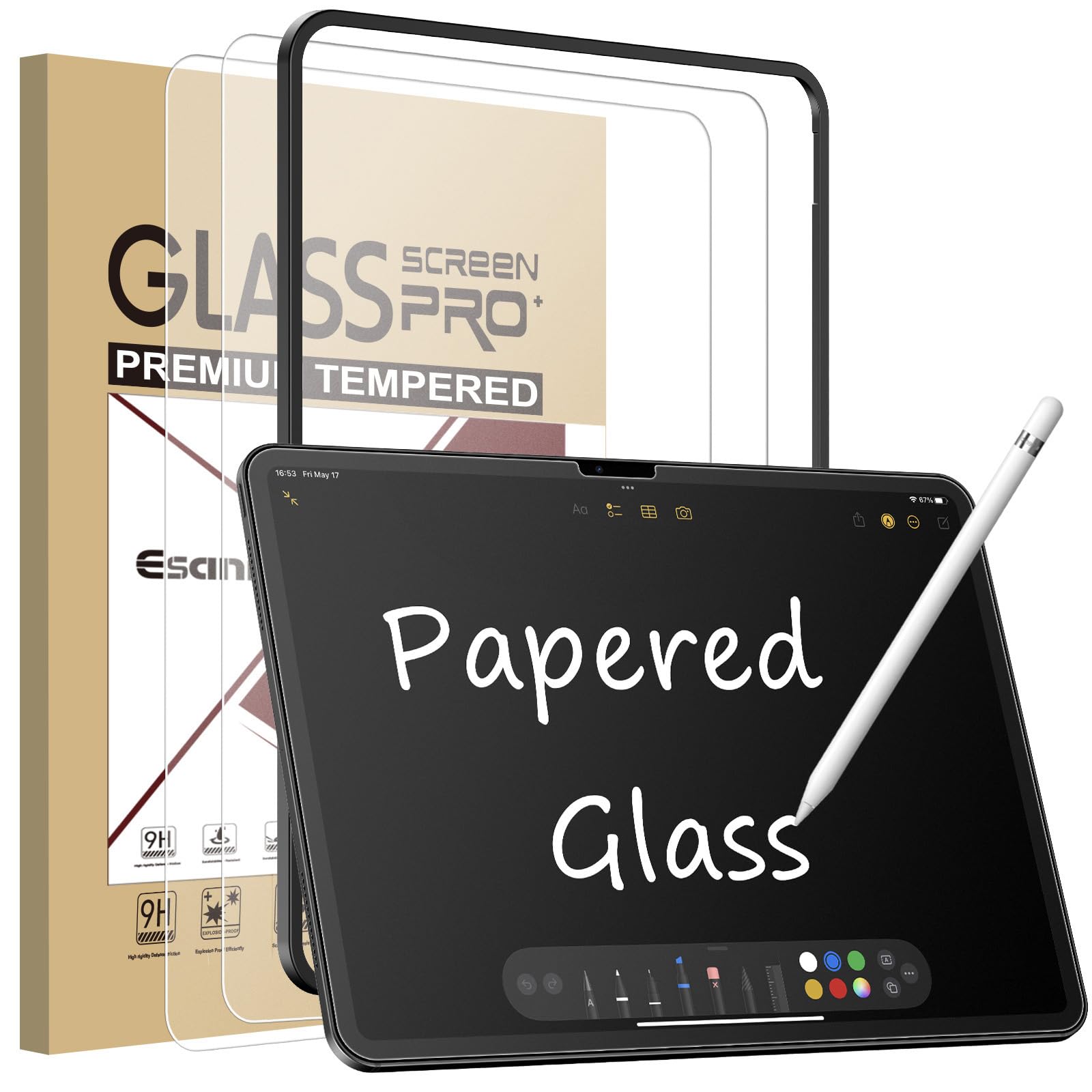 Esanik 2 Pack Like Paper Glass Screen Protector For Ipad Air 11 Inch M2 (2024) 9H Tempered Glass Film With Alignment Frame, Writ
