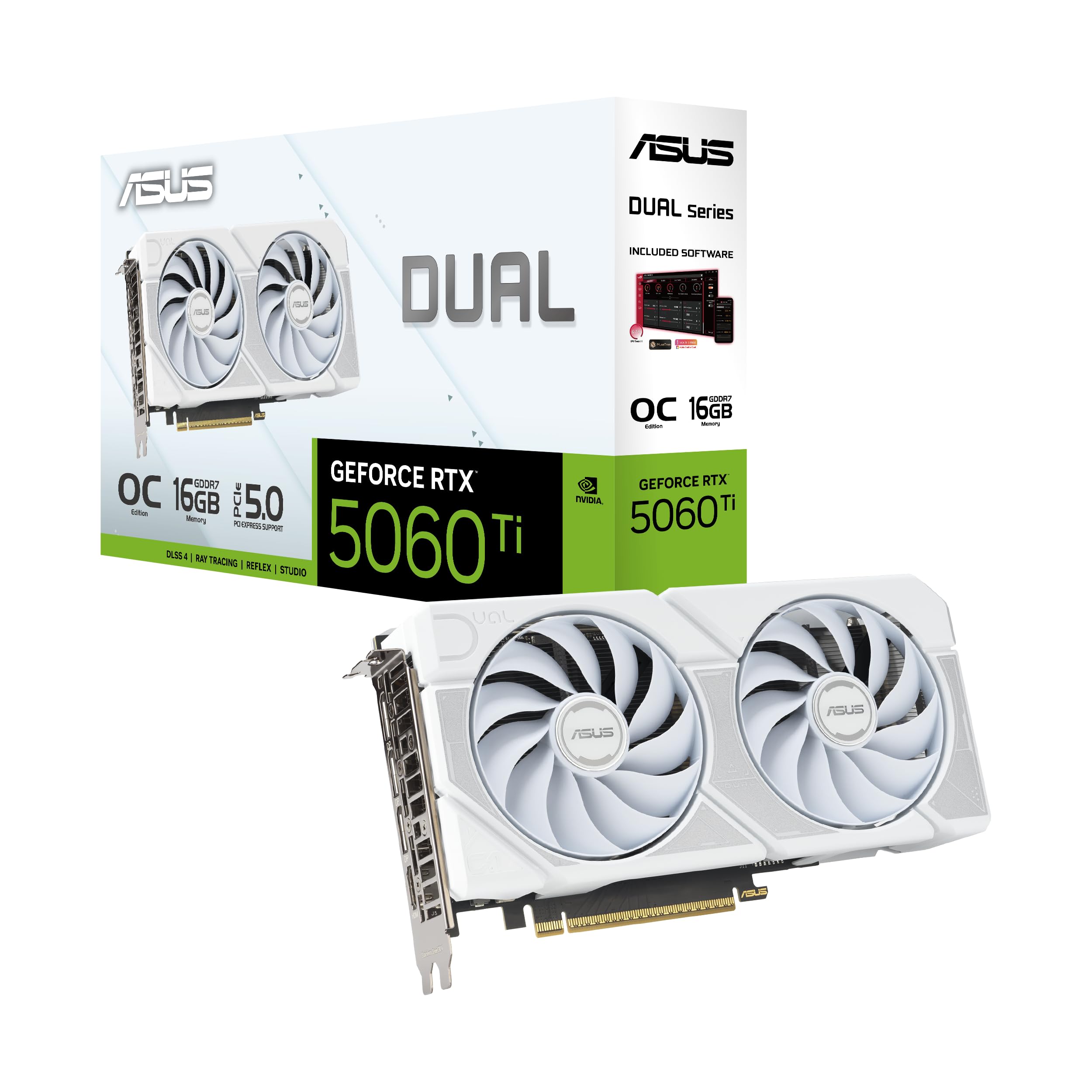ASUS Dual GeForce RTX 5060 Ti 16GB GDDR7 White OC Edition (PCIe 5.0, 16GB GDDR7, DLSS 4, HDMI 2.1b, DisplayPort 2.1b, 2.5Slot D
