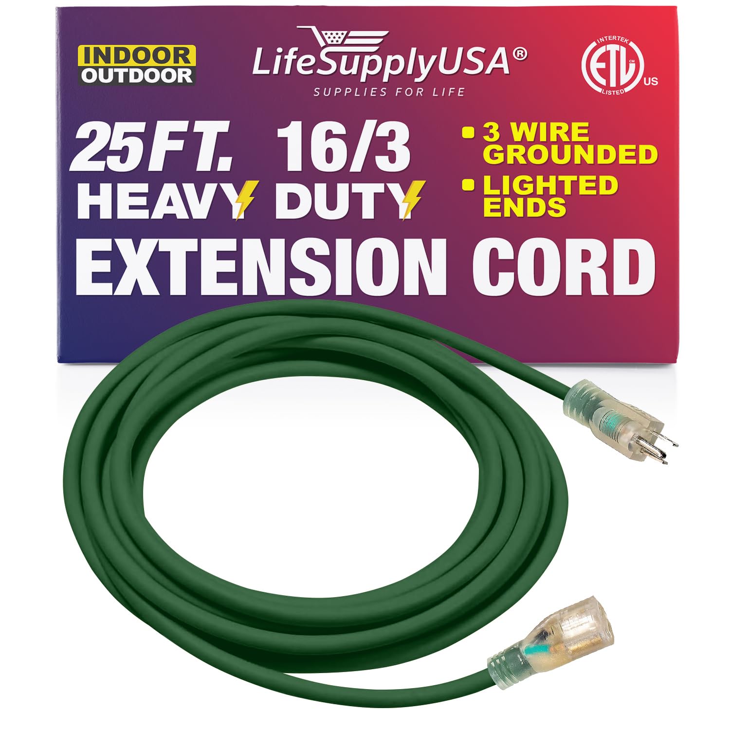 25 Ft Power Extension Cord Outdoor & Indoor Heavy Duty 16 Gauge/3 Prong Sjtw (Green) Lighted End Extra Durability 13 Amp 125 Vol