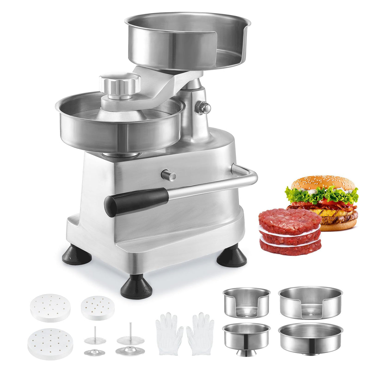 Vevor Commercial Burger Patty Maker, Hamburger Beef Patty Maker With 3 Convertible Mold(4/5/6 Inch), Heavy Duty Stainless Steel