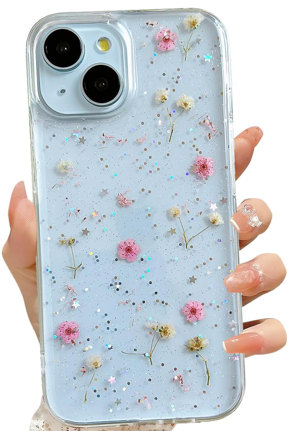 Lseeka For Iphone 14 Plus/Iphone 15 Plus Clear Case With Pressed Real Flowers Design,Glitter Cute Pink Floral Pattern Slim Soft
