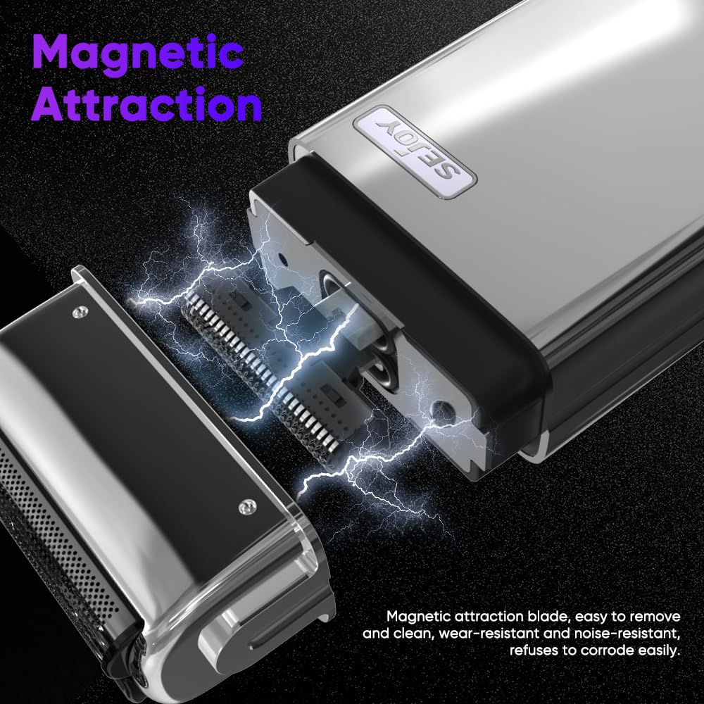 Sejoy Portable Electric Razor For Men With Toothed & Mesh Blades, Magnetic Adsorption Head, Dynamic Ribbon Led, Ipx7, Mini Elect