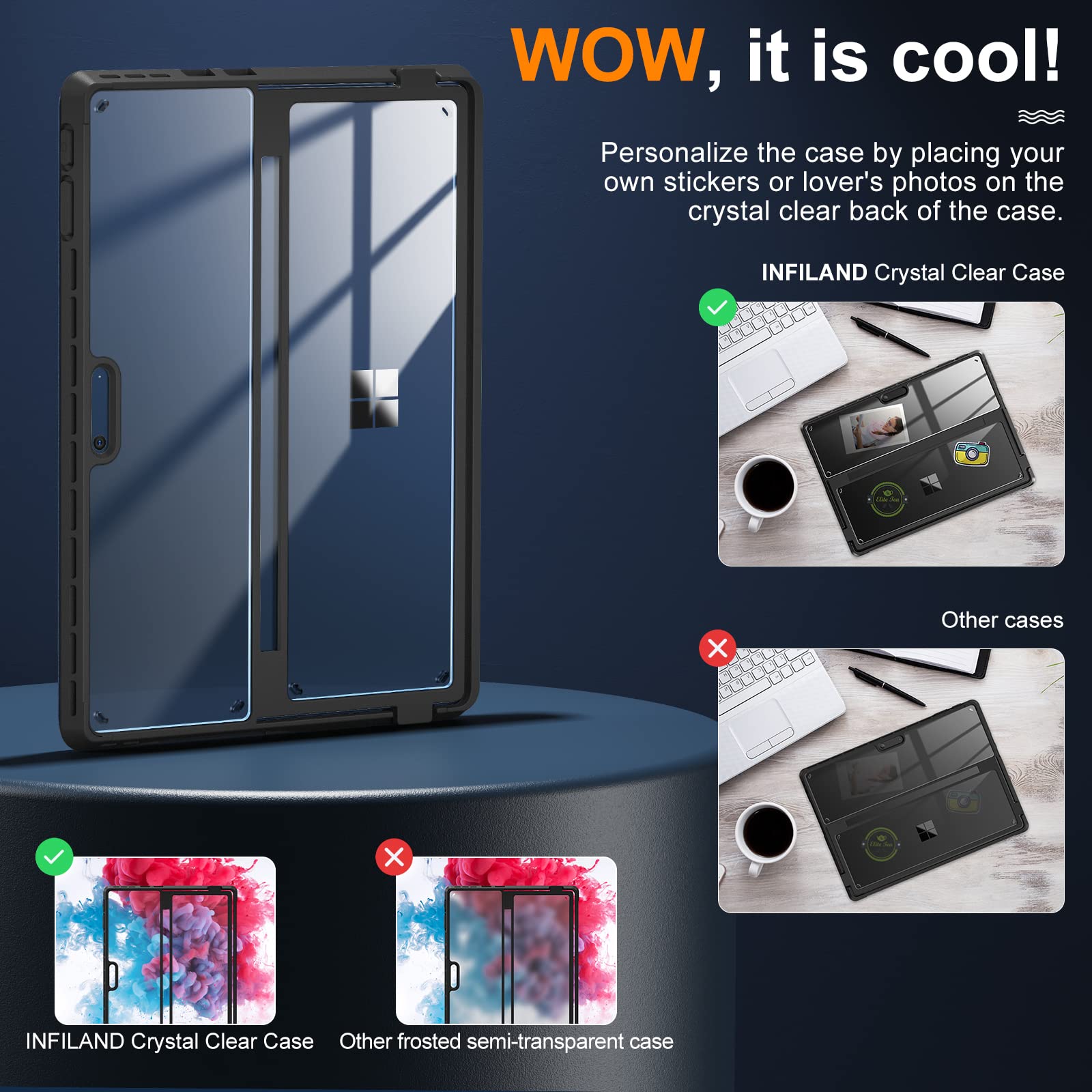 Infiland Surface Pro 11/10/9 Case, Crystal Clear Multi Angle Shockproof For Microsoft Surface Pro 11Th Edition Ai 2024, Work Wit