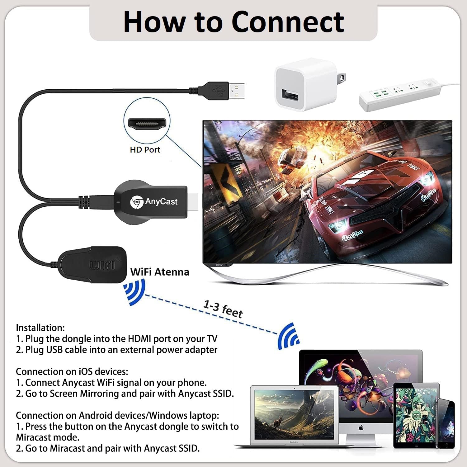 Anycast Wireless Hd Display Adapter Receiver 1080P Screen Mirroring Streaming Media Dongle Compatible With Ios/Android/Windows/M