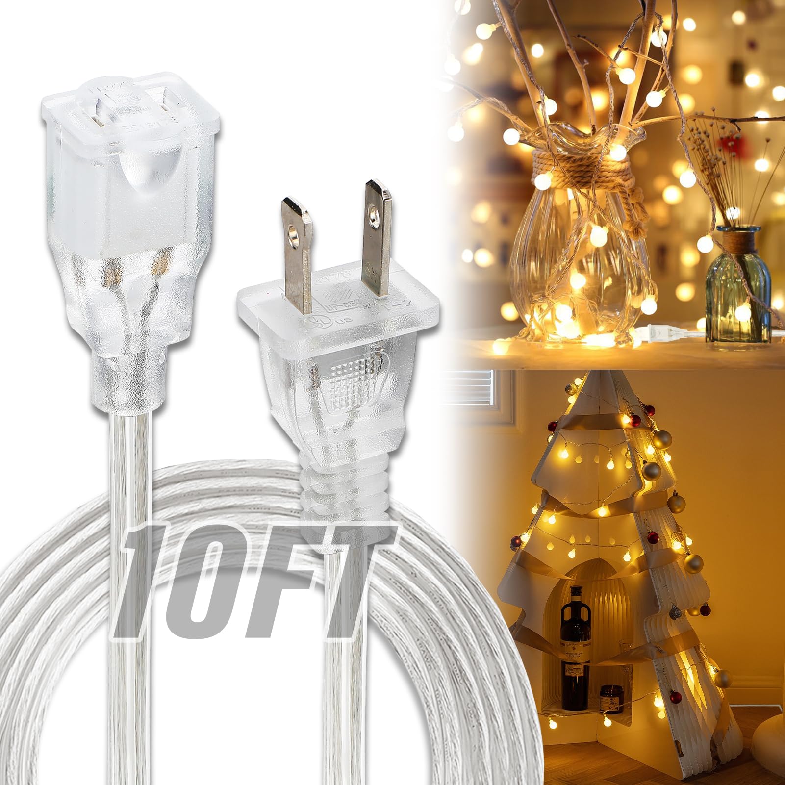 Clear Extension Cord   10 Ft Male To Female Invisible Indoor 2 Prong Power Cable, Thin For Christmas Tree Lighting, Ul Certified
