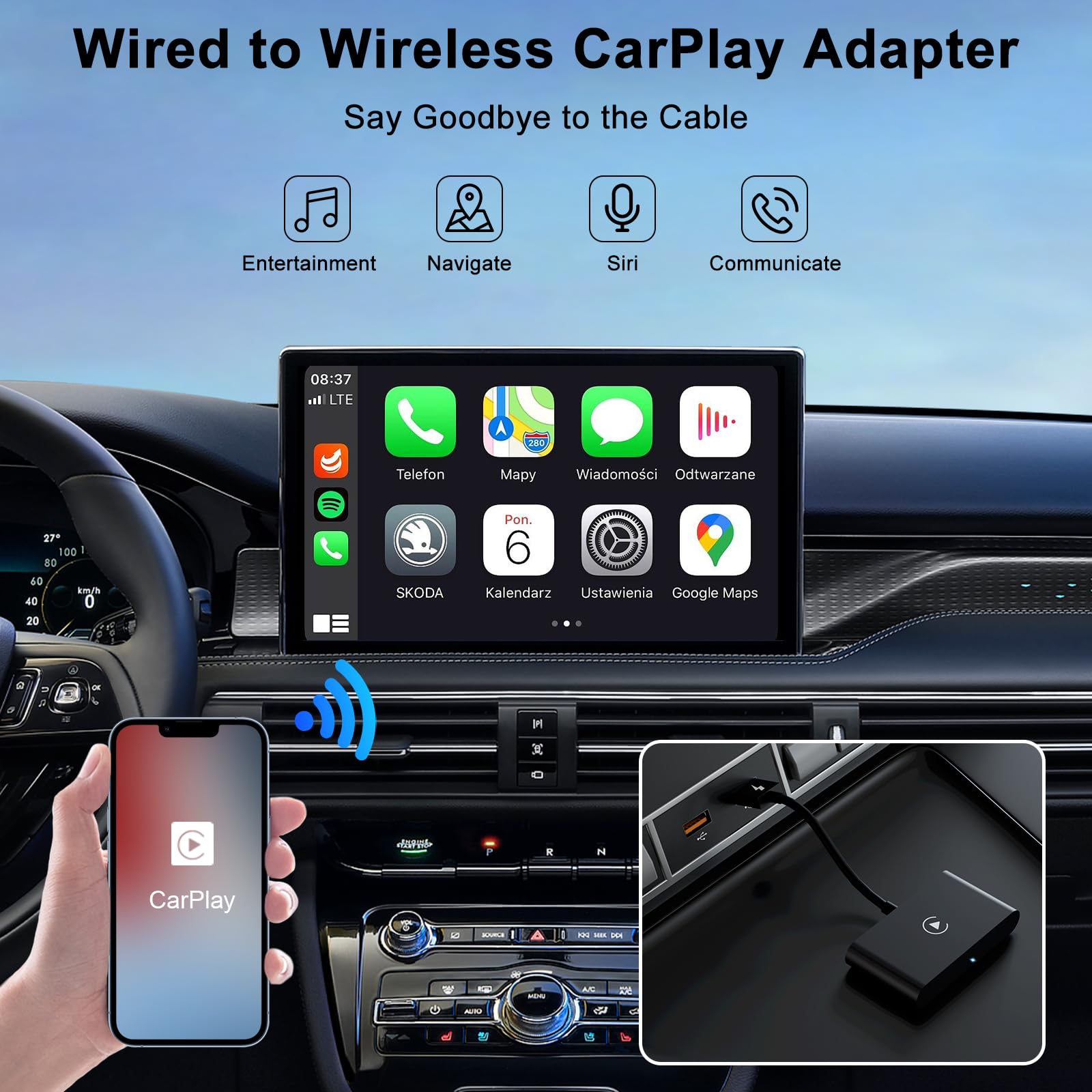 Wireless Carplay Adapter, 2024 Upgrade Carplay Wireless Adapter For Oem Wired Carplay Cars, Fastest And Most Stylish Dongle, Con