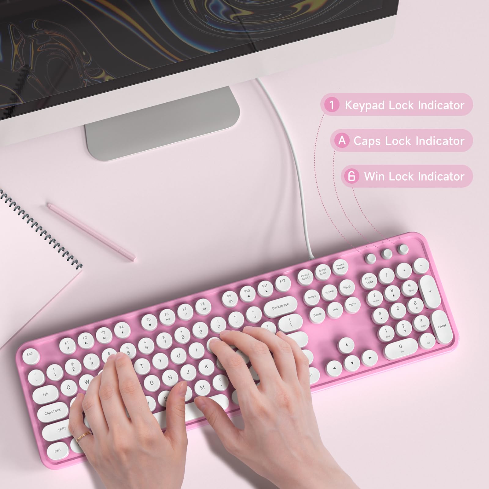 Mowux Computer Keyboard Wired, Plug And Play Usb Retro Round Typewriter Keyboard, Full Size Wired Keyboard With Foldable Stands