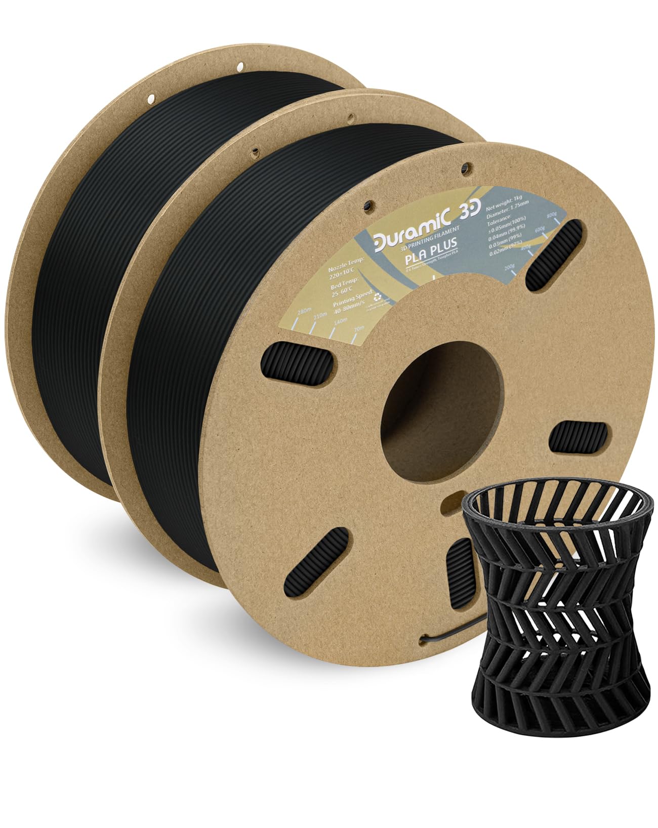 DURAMIC 3D PLA+ Filament 1.75mm 2Kg Black, PLA Plus Filament 2 Pack 1kg Spool(2.2lbs) Tougher and Stronger, Dimensional Accuracy