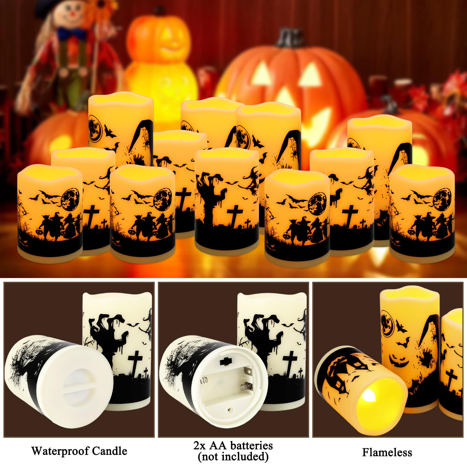 Caketycg 12-Pack Halloween Ink Painting Large Electronic Waxes With Remote Control, Flameless Led Candles For Halloween Spooky,