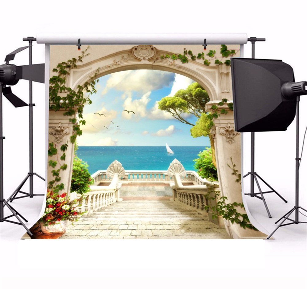Laeacco Italy Scenery Fresco Backdrop 10X10Ft Vinyl Photography Background European Viewing Platform Arch Door Stairway Towards