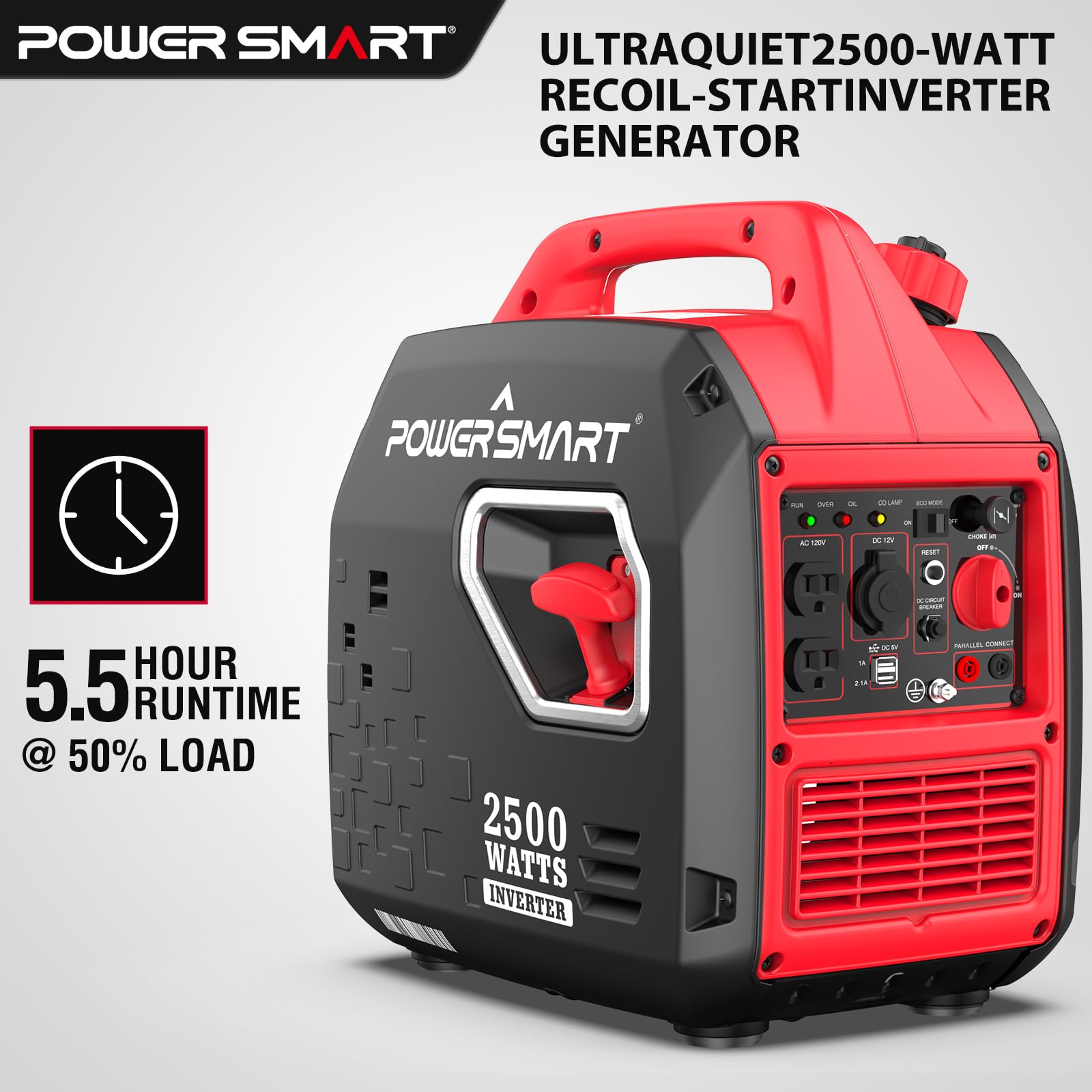 Powersmart 2500 Watt Portable Gas Inverter Generator, Super Quiet, High Fuel Efficient Generator, Lightweight, Carb Compliant Ps