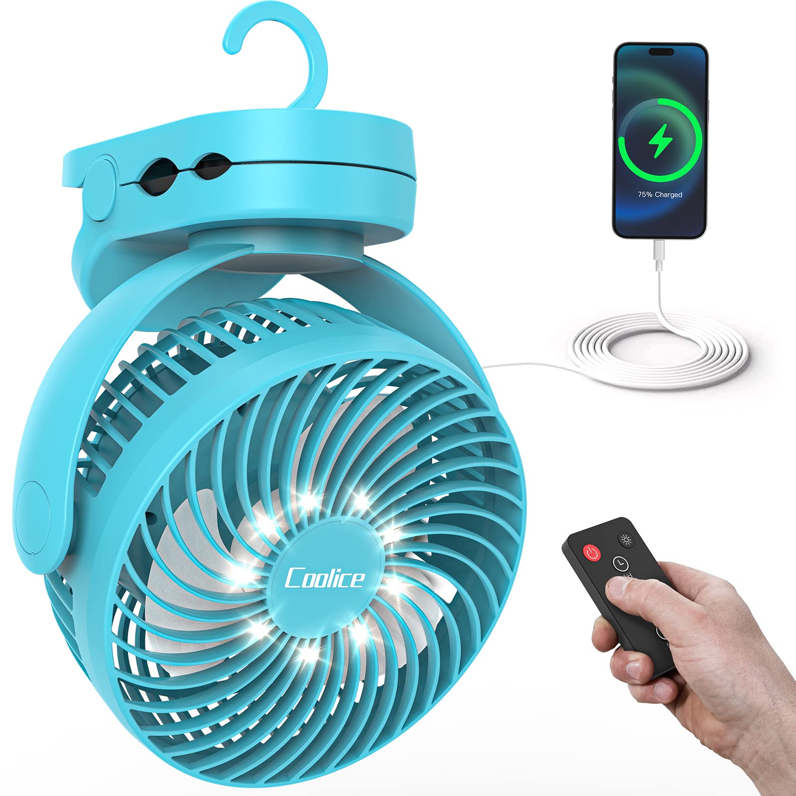 Camping Fan with Remote Control - 12000mAh Rechargeable Battery Powered Fan, Camping Fans for Tents with LED light & Hanging Hoo