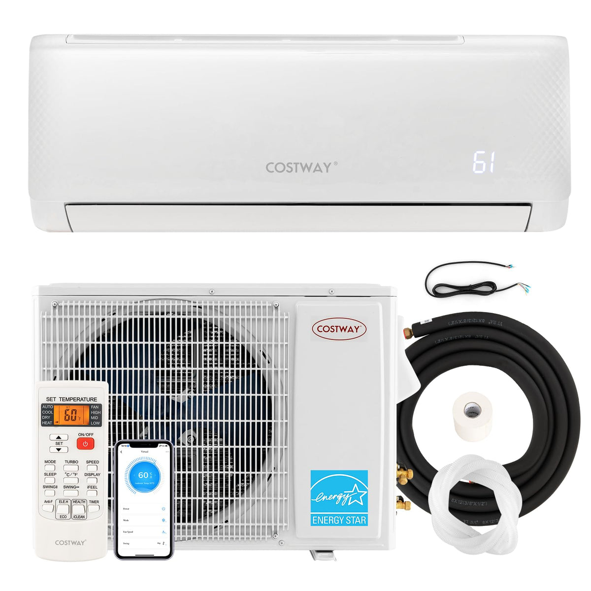 Costway 24000 Btu Mini Split Air Conditioner, Energy Star, With Remote, Compatible With Alexa, Googlehome, Heat Pump, 21 Seer2 I