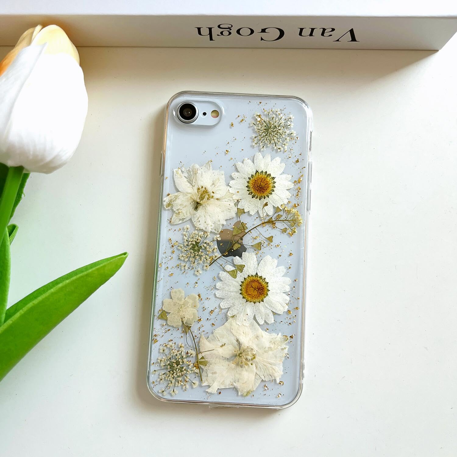 Lseeka For Iphone Se 2022/ Se 2020/8/7 Clear Case With Pressed Real Flowers Design,Glitter Cute White Floral Pattern Slim Soft T