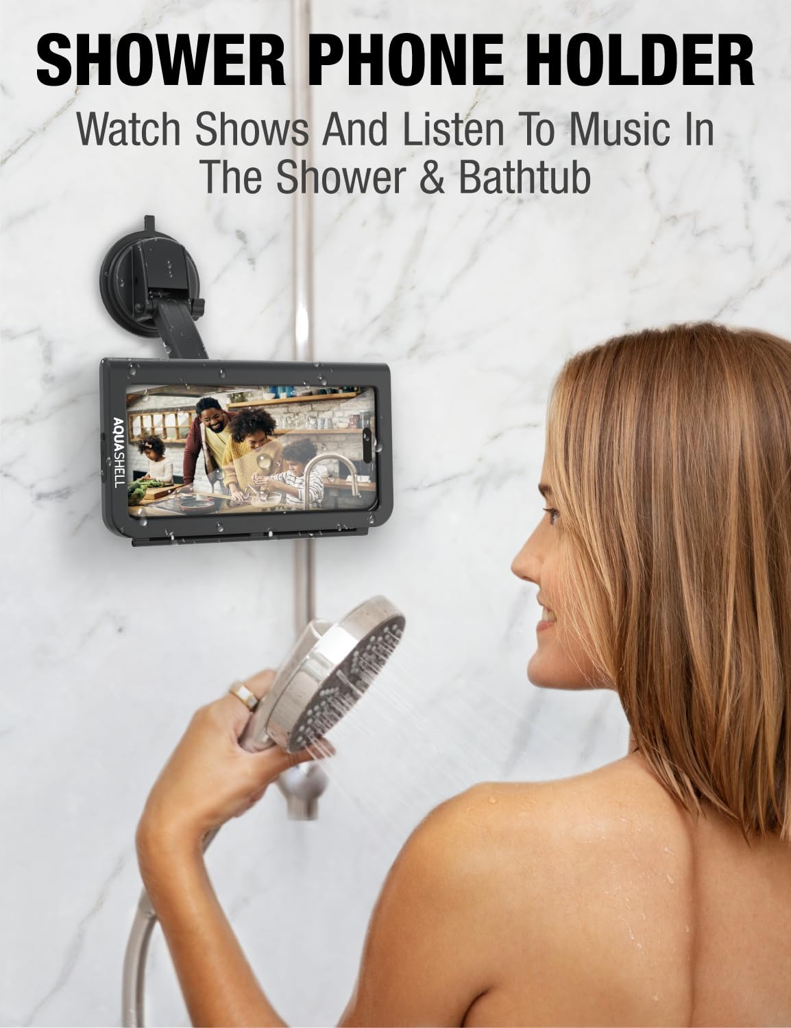 Aquashell Shower Phone Holder Waterproof - Retractable Rotatable Reusable Adjustable Suction Cup Stand Anti Fog Water Proof Phon