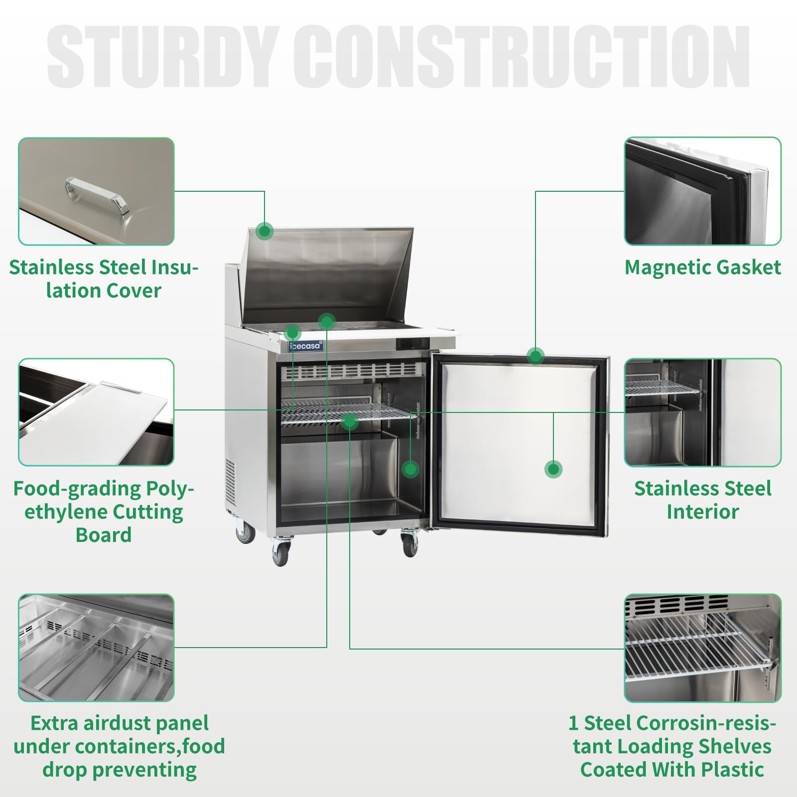Icecasa 27'' W Commercial Refrigerator Sandwich&Salad Prep Table Mega Top Single Door Stainless Steel Counter Fan Cooling Refrig
