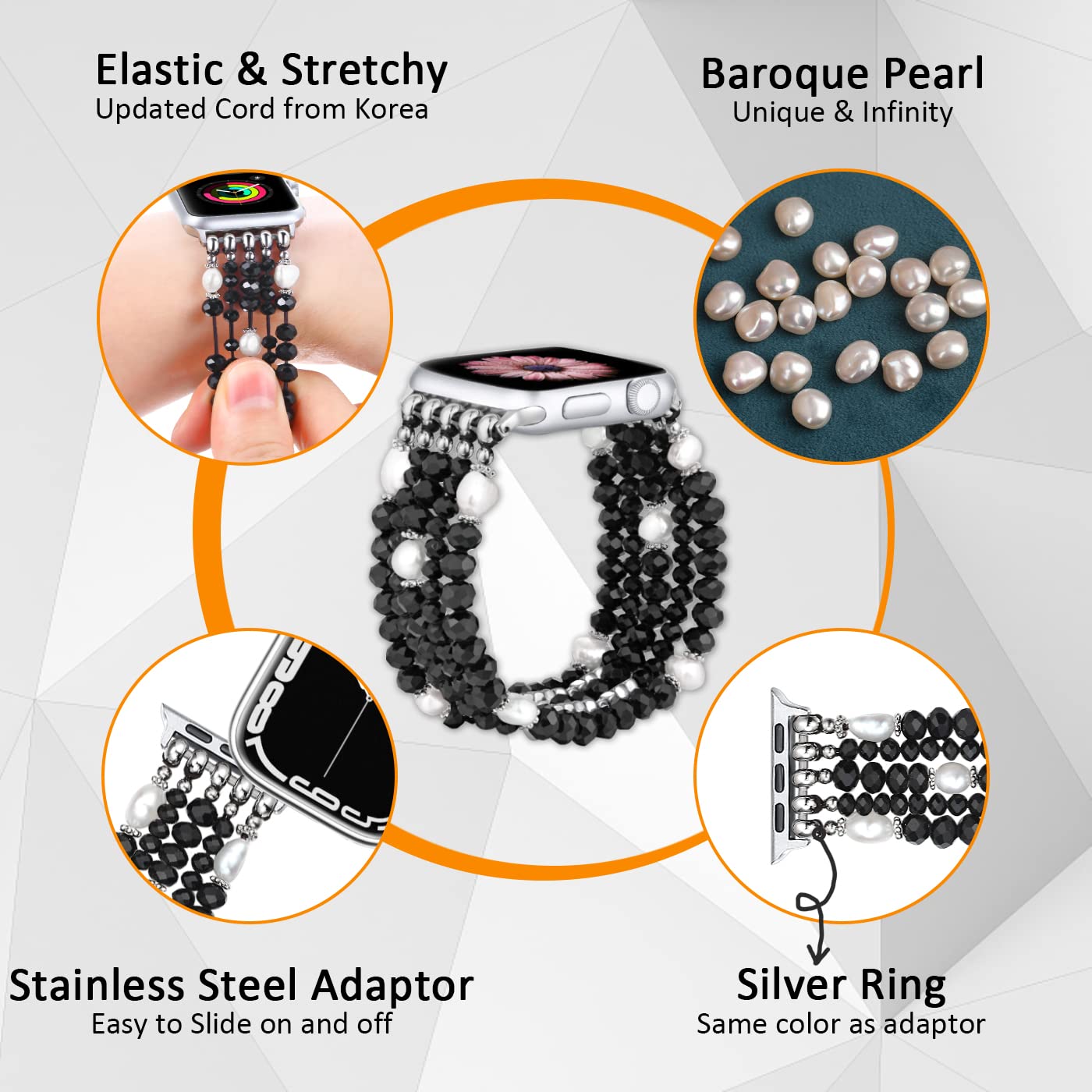 Fastgo Beaded Bracelet Band Compatible With Apple Watch 44Mm 45Mm 42Mm 49Mm Series 7 Women, Pearl Elastic Stretchy Strap Bands F