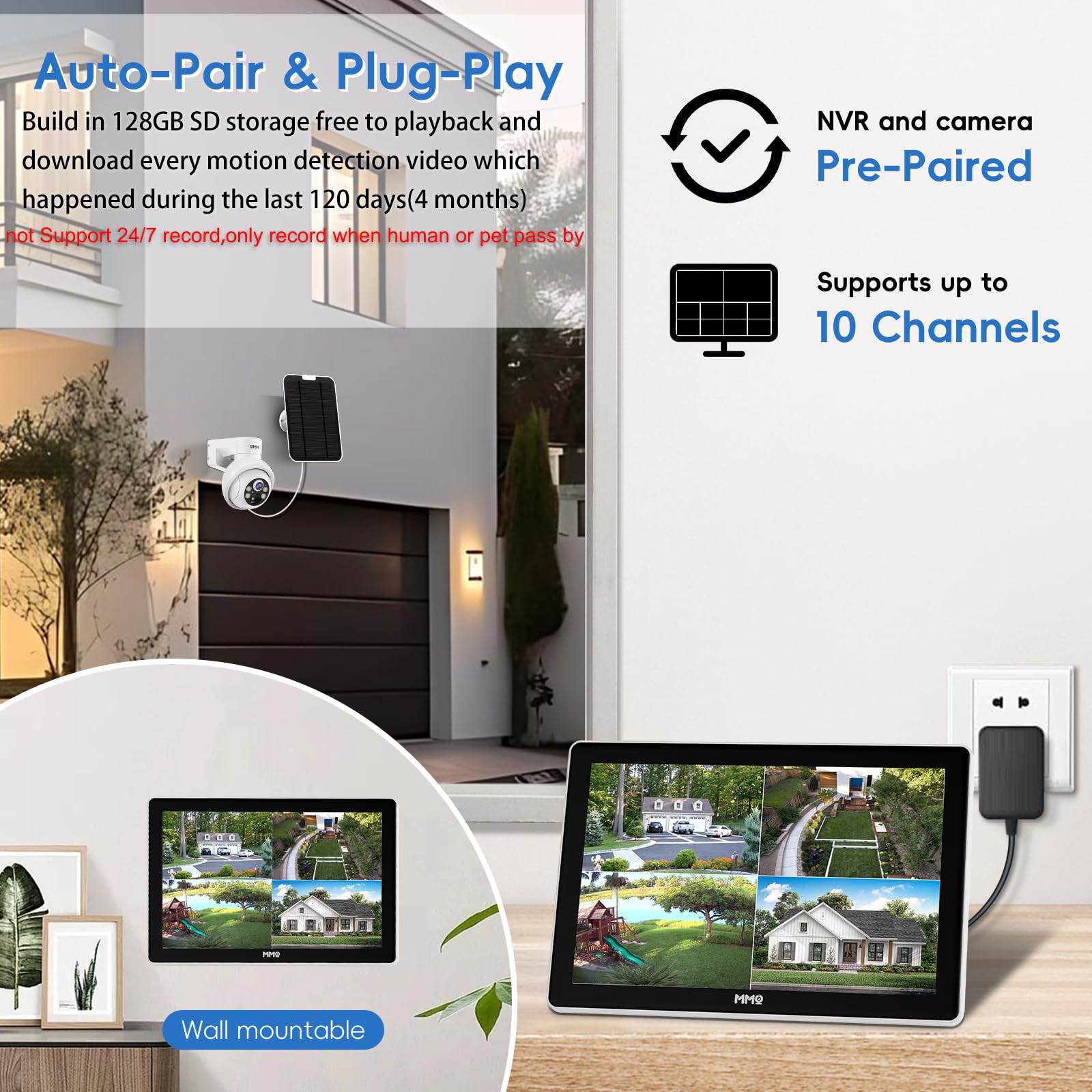 Solar Security Camera System Outdoor With 10In Lcd Monitor,4 Cam Kit Wireless, Battery Powered Cameras For Home Security With 12