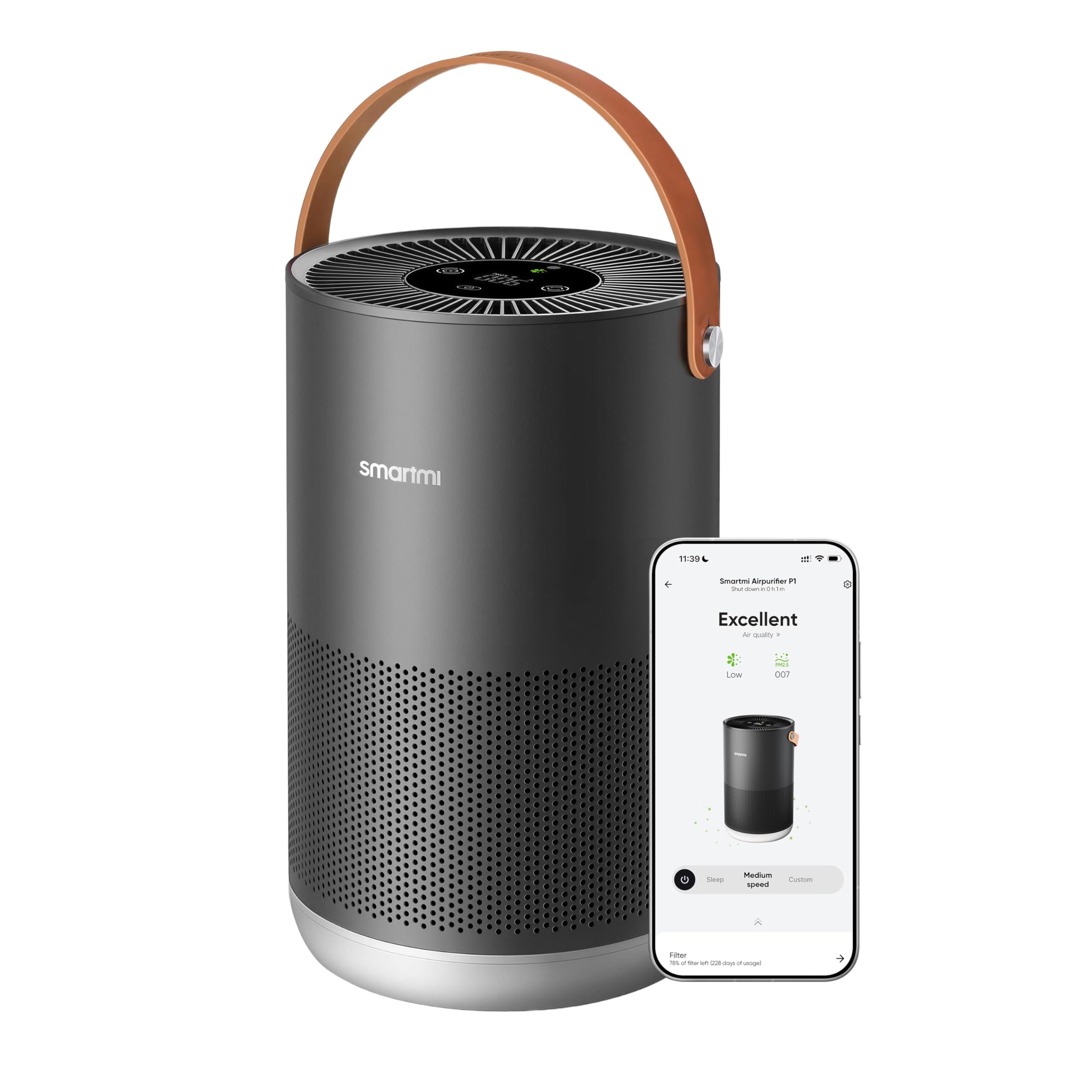 Smartmi Smart Air Purifier P1 for Bedroom Home with H13 HEPA Filter, Removes Smoke, Allergies, Pet Dander, Dust, Ultra Quiet 19d