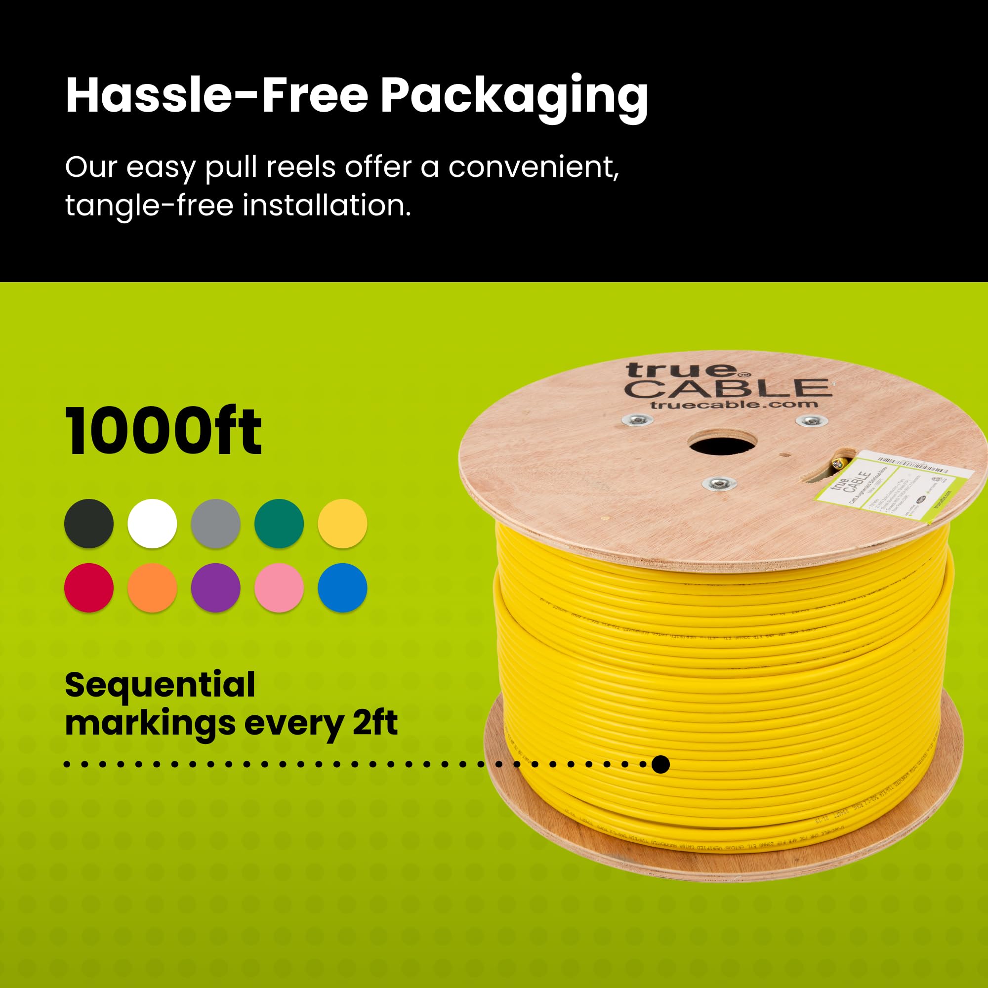 Truecable Cat6A Shielded Riser (Cmr), 1000Ft, Yellow, 23Awg Solid Bare Copper, 750Mhz, Poe++ (4Ppoe), Etl Listed, Overall Aluminum Foil Shield (F/Utp), Bulk Ethernet Cable