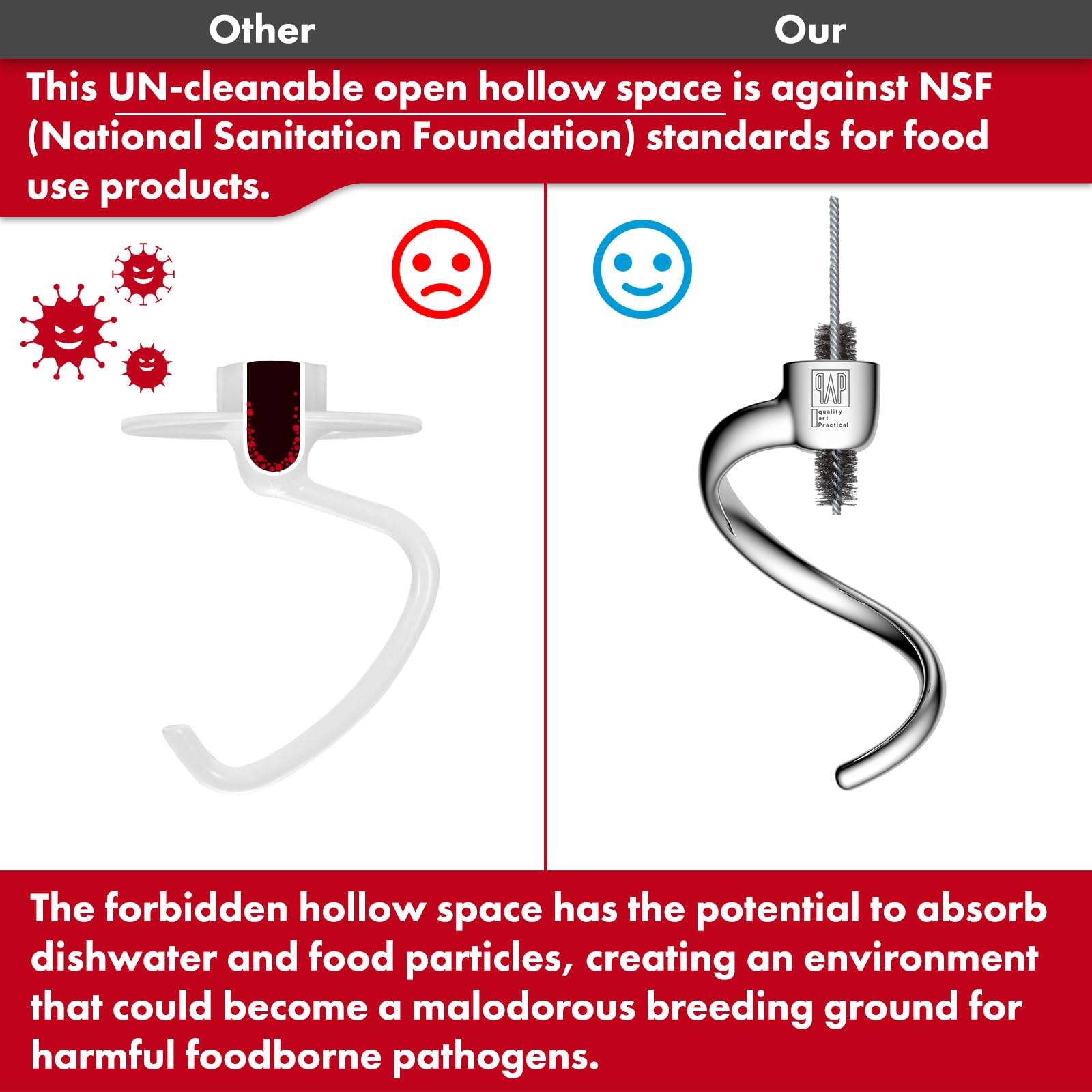 Spiral Dough Hook Replacement For Kitchenaid 7/8 Qt. Bowl Lift Stand Mixers/Polished 18/8 Stainless Steel Accessories/No Coating