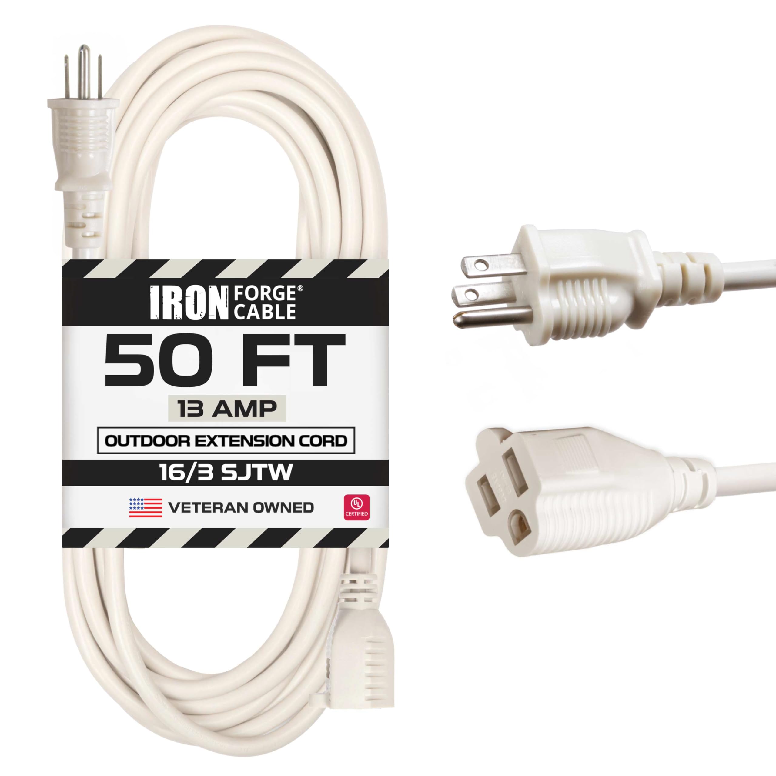 Iron Forge Cable 50 Ft Beige Outdoor Extension Cord   16/3 Sjtw 50Ft Extension Cord 3 Prong, 13 Amp All Weather Heavy Duty Power