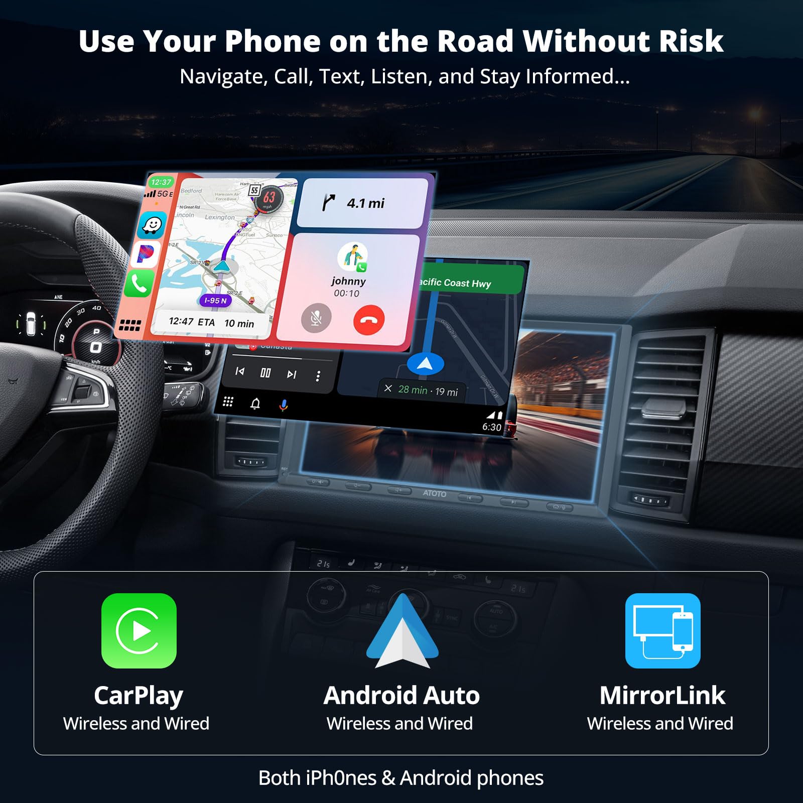 Myatoto 7 Inch Double Din Carplay/Android Auto Wireless, 4G+64G Android Car Stereo, Chatgpt Ai Car Radio Bluetooth, Hd Touchscre