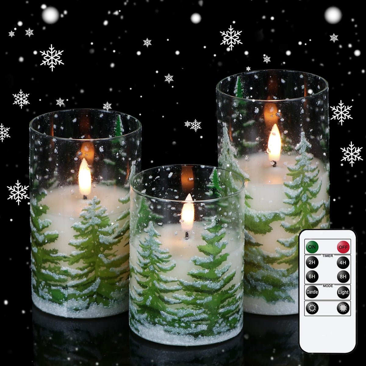 Wondise Christmas Tree Glass Flameless Candles, Battery Operated Flickering Candles With Remote And Timer, Real Wax Led Pillar C