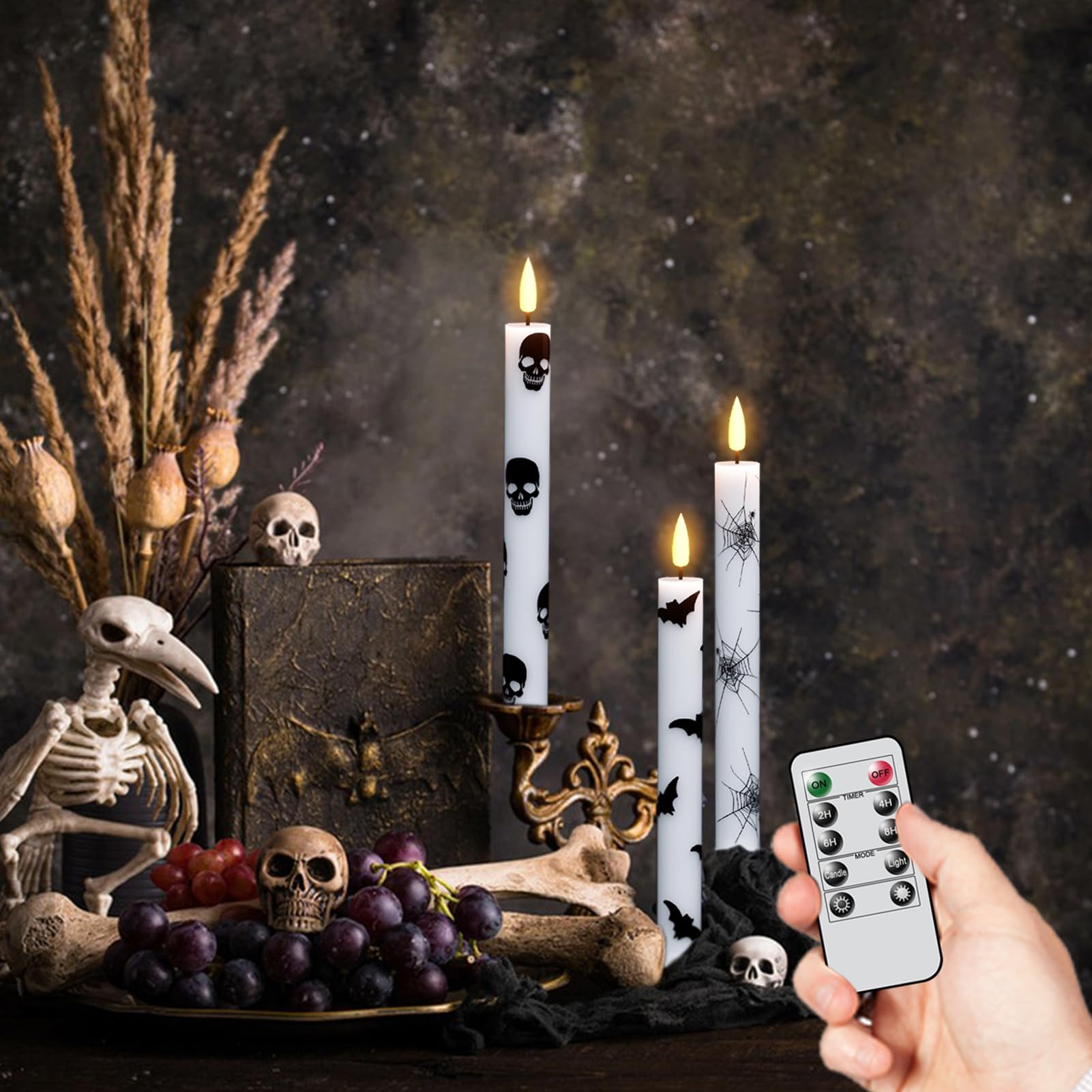 Genswin Flameless Taper Candles With Remote Timer, 6Pcs Led Flickering Taper Candles Battery Operated Real Wax With Spider Webs/