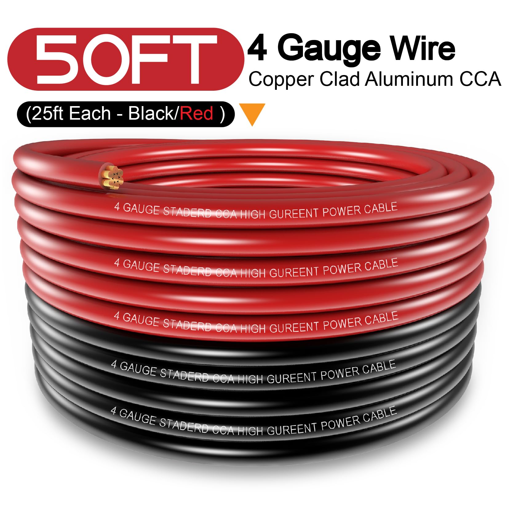Ruikarhop 4 Gauge Wire 50FT (25ft Black/Red) Copper Clad Aluminum, 20pcs Lugs & 3:1 Heat Shrink Tube for Auto/Amplifier