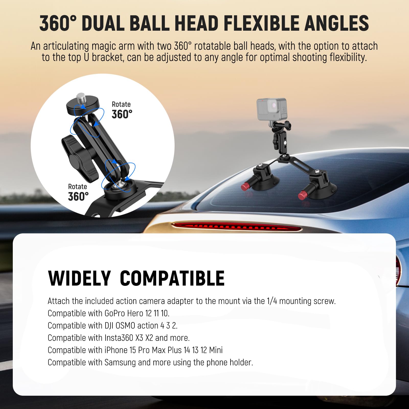 Neewer Dual Suction Cup Car Mount Kit With 360 Ball Head Magic Arm, Quick Release Air Pump Vacuum Camera Mount With Phone Holder