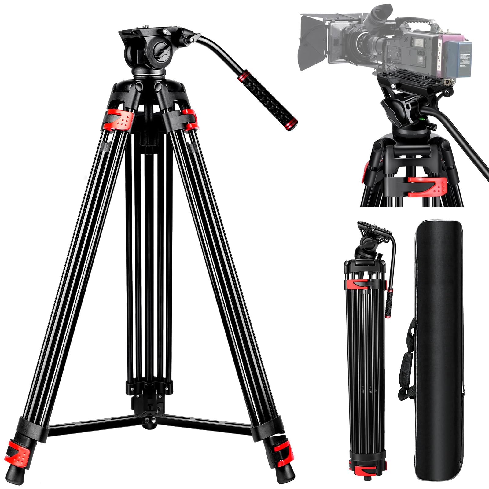 82' /210Cm Professional Video Tripod, Heavy Duty Aluminum Alloy Camera Tripod Stand With 360� Fluid Drag Head, Qr Plate Compatible With Canon Nikon Sony Dslr Camera Camcorder (Load 33Lb)