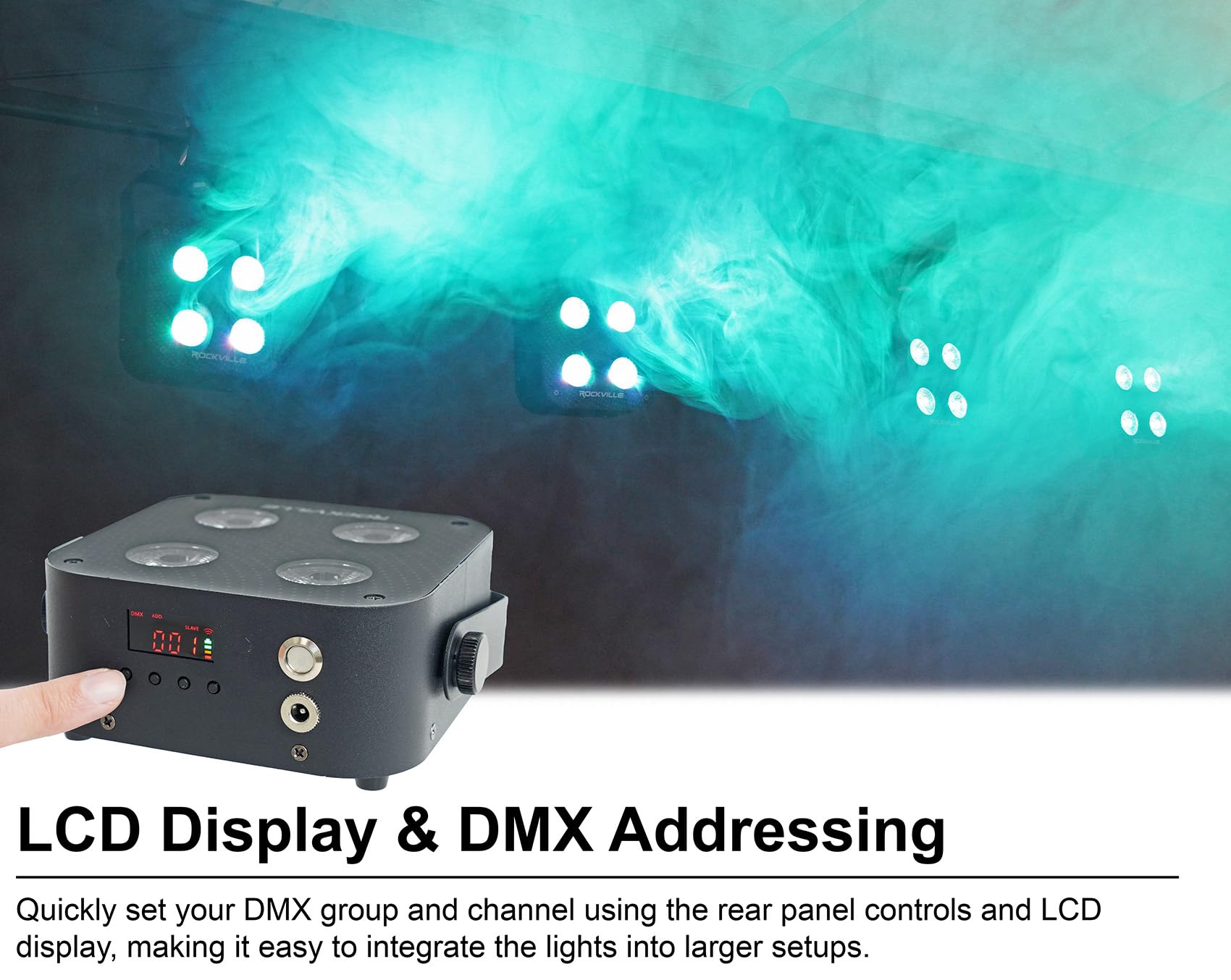 Rockville 4 Pack Mini Rf4 V2 Black Led Wash Up Light, Rgbwa+Uv, Compact, App, Remote, Lcd, Wireless Dmx, Rechargeable, Perfect F