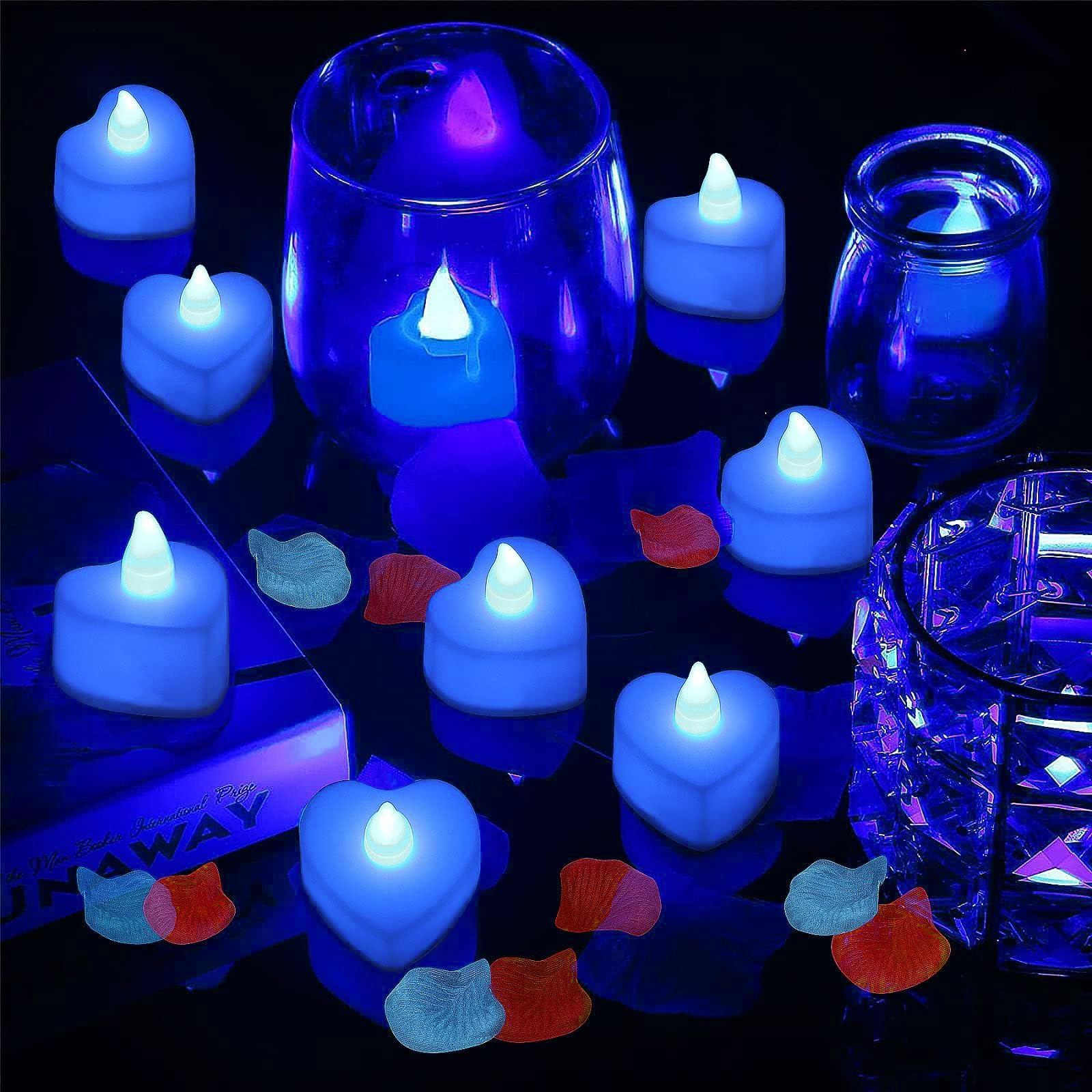 Pyrrhiax 2000Pcs Silk Rose Petals With 24 Led Tea Lights Candles, Romantic Night Decoration Set, Romantic Valentine, Wedding Ann