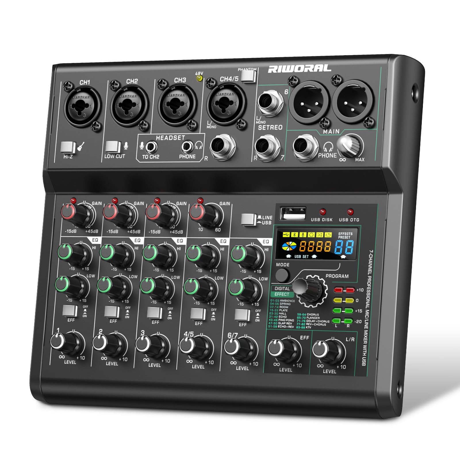Usb Interface Audio 7 Channel Mixer With Effects 88 Dsp Digital Dj Mixing Board Bluetooth Music Player 48V Line For Condenser Mi