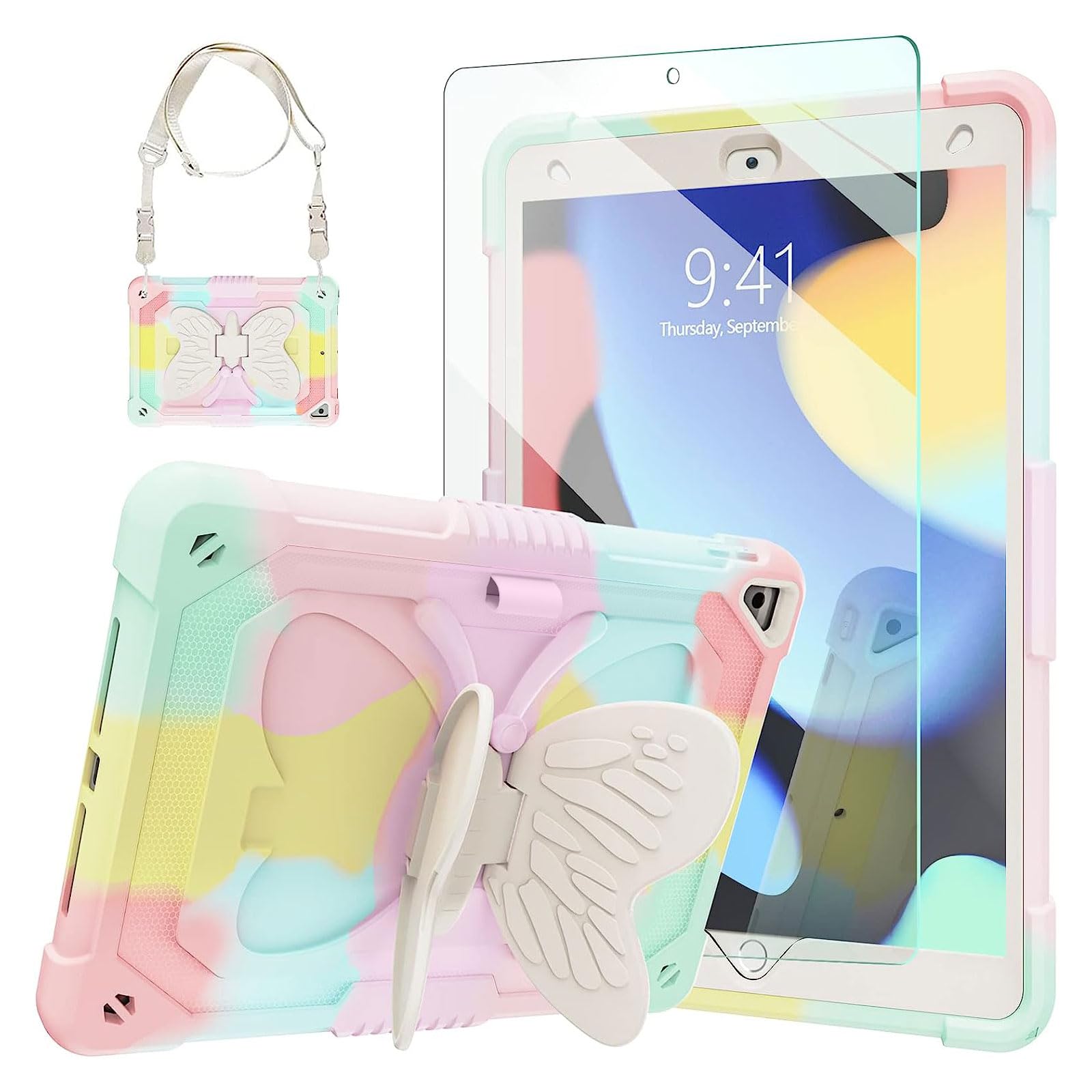 Ambison Case For Ipad 9Th/8Th/7Th Generation 10.2 Inch With Glass Screen Protector,Rugged Shockproof Protective Cover For Kids Girls Butterfly Stand,Shoulder Strap For Ipad 2021/2020/2019 Multicolor