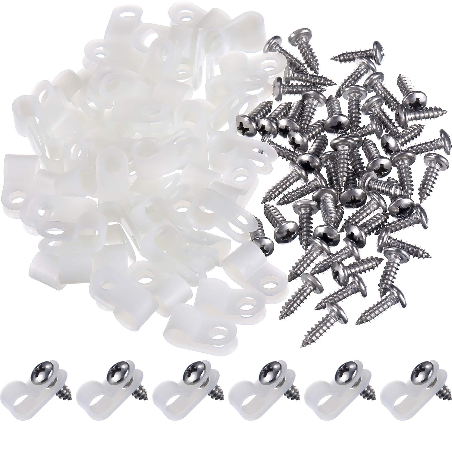 Hicarer 50 Pack R Type Cable Clip Wire Clamp, Nylon Screw Mounting Cord Fastener Clips With 50 Pack Screws For Wire Management (