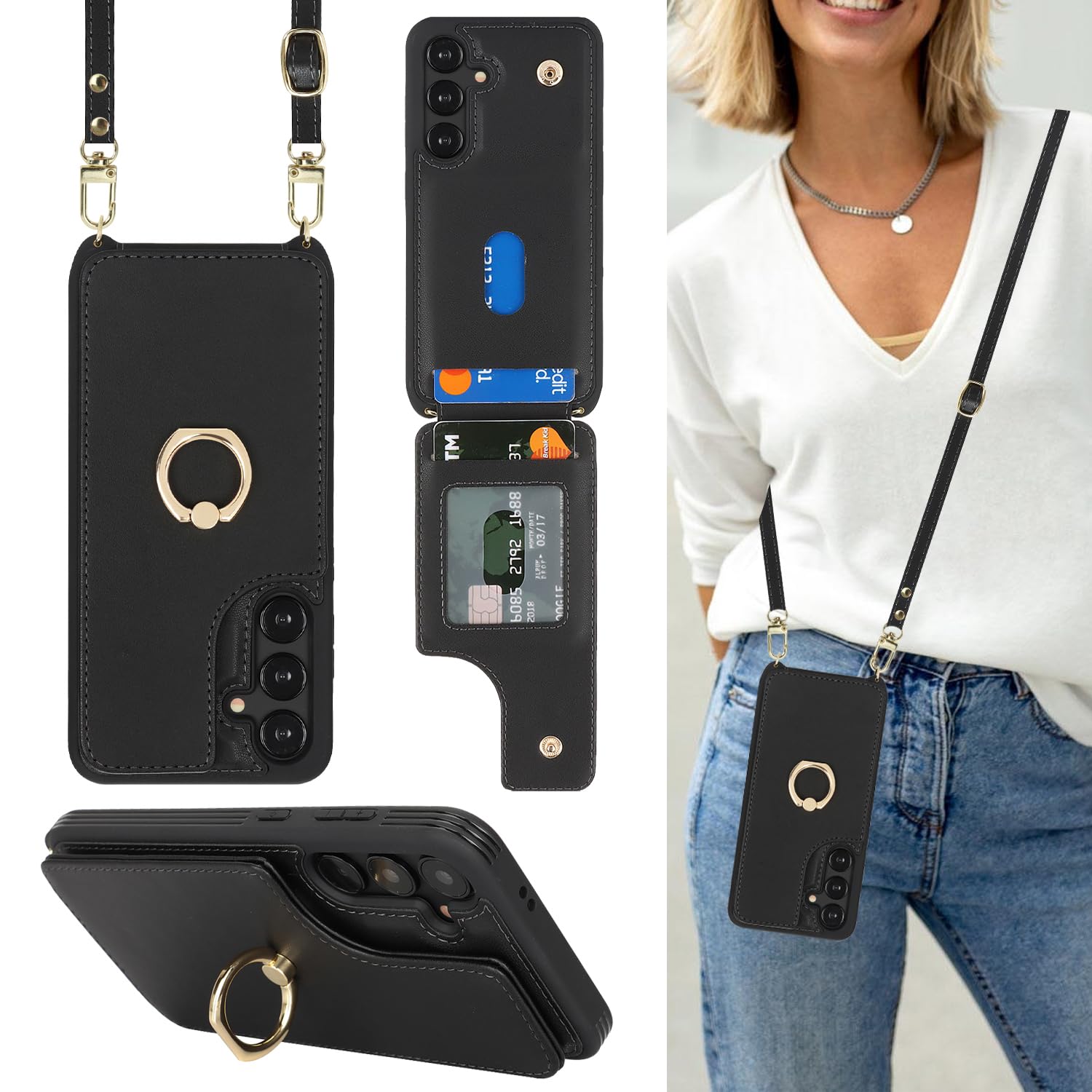 Lipvina for Samsung Galaxy S24 Case with Card Holder and Strap for Women,Crossbody Lanyard,RFID Blocking,Ring Stand,Snap Clasp,P