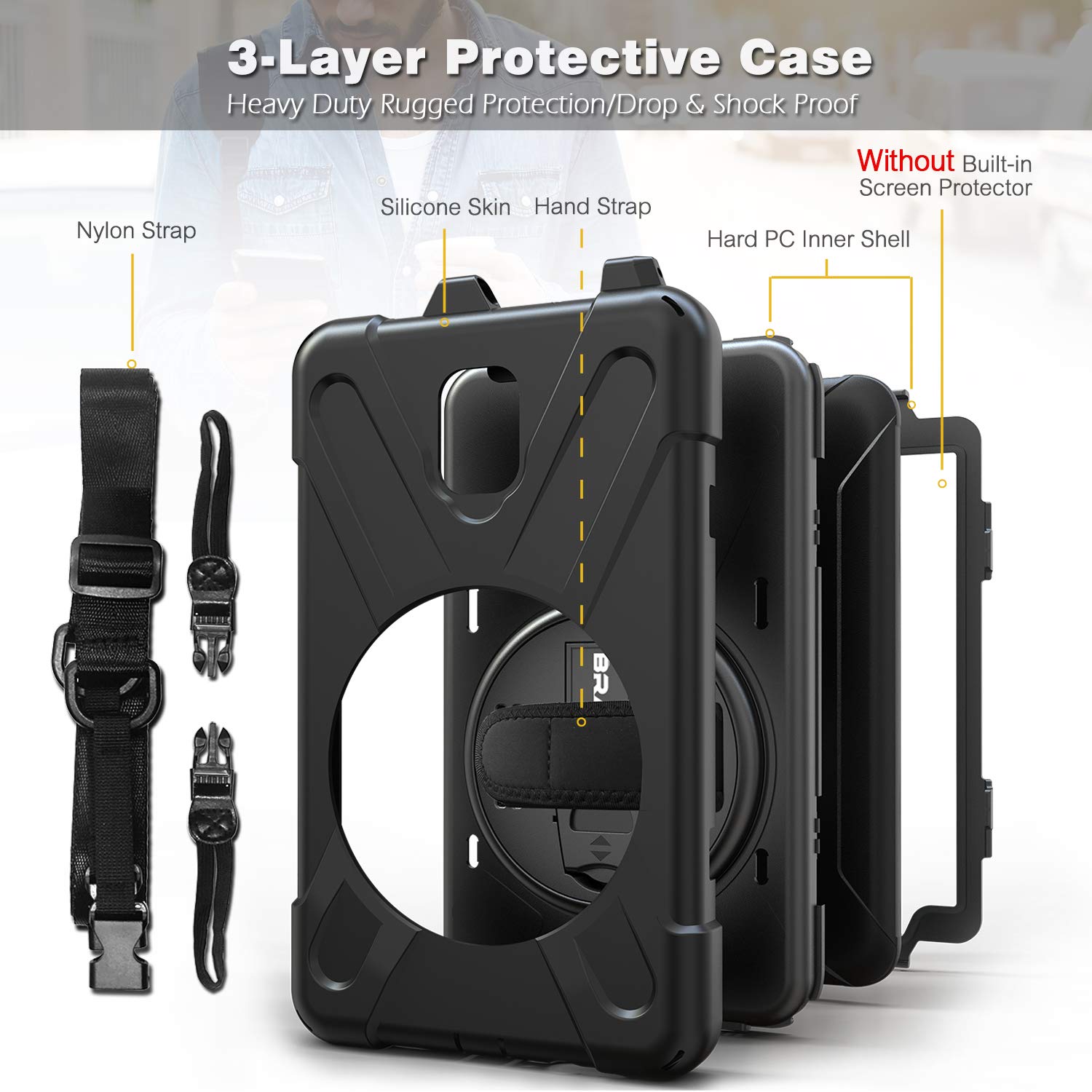 Braecn For Galaxy Tab Active 2 Case,Heavy Duty Shockproof Case With 360 Degree Rotating Handle Hand Strap/Kickstand And Carrying